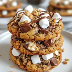 To make Chocolate Chip S’mores Cookies, you will need: - 1 cup unsalted butter, softened - 3/4 cup brown sugar, packed - 1/4 cup granulated sugar - 1 large egg - 1 teaspoon vanilla extract - 2 1/4 cups all-purpose flour - 1 teaspoon baking soda - 1/2 teaspoon salt - 1 cup semi-sweet chocolate chips - 1 cup mini marshmallows - 1 cup graham cracker crumbs These ingredients create a sweet and chewy cookie with a S’mores twist. If you don’t have an ingredient, you can substitute: - Use coconut oil for butter. - Brown sugar can be replaced with white sugar. - If you need a vegan option, use a flax egg instead of a regular egg. - You can swap semi-sweet chocolate chips for dark chocolate or milk chocolate. These swaps can still give you tasty cookies. When measuring ingredients, keep these tips in mind: - Use a dry measuring cup for flour and sugar. - Level off your measuring cup with a knife for accuracy. - For sticky ingredients like butter, pack them firmly into the cup. - Always check your measurements for baking success. Getting these details right ensures your cookies turn out great! {{ingredient_image_1}} 1. Preheat your oven. Set it to 350°F (175°C). This helps the cookies bake evenly. 2. Prepare your baking sheet. Line it with parchment paper. This keeps the cookies from sticking. 3. Mix the wet ingredients. In a large bowl, cream together 1 cup of softened butter, 3/4 cup brown sugar, and 1/4 cup granulated sugar. Beat until light and fluffy. 4. Add the egg and vanilla. Mix in 1 large egg and 1 teaspoon of vanilla extract until well blended. 5. Combine the dry ingredients. In another bowl, whisk together 2 1/4 cups all-purpose flour, 1 teaspoon baking soda, and 1/2 teaspoon salt. 6. Combine wet and dry mixes. Gradually add the dry mix to the wet mix. Stir until just combined. 7. Fold in the goodies. Gently add 1 cup of semi-sweet chocolate chips, 1 cup of mini marshmallows, and 1 cup of graham cracker crumbs. Make sure they are evenly mixed. 1. Scoop the dough. Use a tablespoon to scoop out portions of dough. Place them on your prepared baking sheet. Leave space between each cookie. 2. Bake the cookies. Place the baking sheet in the oven. Bake for 10-12 minutes. Look for golden edges and slightly set centers. 1. Let them cool. Once baked, remove the cookies from the oven. Let them cool on the baking sheet for 5 minutes. 2. Transfer to a wire rack. After 5 minutes, move the cookies to a wire rack to cool completely. 3. Serve with flair. Stack the cookies on a rustic plate. Drizzle melted chocolate on top. Add extra mini marshmallows for a fun touch! To get that chewy and soft cookie, use room-temperature butter. It mixes better. Avoid overmixing the dough. Overmixing can make cookies tough. When you fold in the chocolate chips and marshmallows, do it gently. This keeps the cookies nice and tender. Store your cookies in an airtight container. This keeps them fresh for days. Place a slice of bread in the container. The bread helps keep the cookies soft. If you want to freeze them, place them in a freezer bag. They stay good for up to three months. One mistake is not measuring flour correctly. Too much flour makes cookies dry. Another error is baking at the wrong temperature. Always preheat your oven to 350°F. Don't skip letting cookies cool on the baking sheet for a few minutes. This helps them set up nicely. Pro Tips Chill the Dough: For thicker cookies, chill the dough for at least 30 minutes before baking. This helps prevent spreading and leads to a chewier texture. Marshmallow Placement: Add a few extra mini marshmallows on top of the cookies just before they finish baking for a gooey, melty topping. Customize Your Chips: Experiment with different types of chocolate chips, like milk chocolate or dark chocolate, to suit your taste preferences. Store Properly: Keep cookies in an airtight container at room temperature for up to a week to maintain freshness and softness. {{image_2}} You can change your Chocolate Chip S’mores Cookies for fall. Just add pumpkin spice! Mix in one teaspoon of pumpkin pie spice. It gives a warm, cozy flavor. You can also use pumpkin puree instead of some butter. This adds moisture and a fun twist. Make these cookies gluten-free with easy swaps. Use gluten-free flour in place of all-purpose flour. Look for blends that work well in cookies. Make sure your chocolate chips and graham crackers are also gluten-free. This way, everyone can enjoy them! Get creative with flavors in your cookies! Try peanut butter chips instead of chocolate chips. You can mix in toffee bits for a sweet crunch. If you like fruit, add dried cherries or cranberries. These swaps make your cookies unique and tasty! To keep your Chocolate Chip S’mores Cookies fresh, use an airtight container. Place a piece of bread in the container to keep cookies soft. This method adds moisture and helps them stay chewy. Store the cookies at room temperature, away from sunlight. Avoid stacking them too high to prevent crushing. You can freeze these cookies for future enjoyment. After baking, let them cool completely. Then, wrap each cookie in plastic wrap. Place the wrapped cookies in a freezer bag. Make sure to remove as much air as possible. They freeze well for up to three months. When you want one, just thaw it at room temperature or warm it in the microwave. Stored properly, these cookies last about a week at room temperature. If you freeze them, they can last up to three months. Always check for any signs of spoilage before eating. If they look or smell off, it’s best to toss them. Enjoy your treats while they are fresh for the best taste! Yes, you can use other types of chocolate. Dark chocolate or white chocolate works well too. You may also mix different types for a unique taste. Just keep the same amount of chocolate. Adjusting the flavor helps create your perfect cookie. To stop cookies from spreading, chill the dough for about 30 minutes before baking. This helps them keep their shape. Also, ensure your butter is softened, not melted. Using a higher flour ratio can help too. Lastly, leave enough space between cookies on the baking sheet. Yes, you can bake these cookies at high altitude. You may need to make a few changes. Increase the flour by 2 tablespoons and reduce the sugar slightly. This helps cookies stay thick and chewy. Keep an eye on baking time, as it may vary at higher altitudes. You have learned about the key ingredients and their substitutes for perfect cookies. I shared important steps to prepare, bake, cool, and serve them. Tips help you avoid common mistakes and achieve the best texture. You also discovered fun variations and storage methods. Remember, baking takes practice. Don't stress if your first batch isn't perfect. Keep trying, and enjoy each bite of your creations. Happy baking, and may your cookies bring joy!