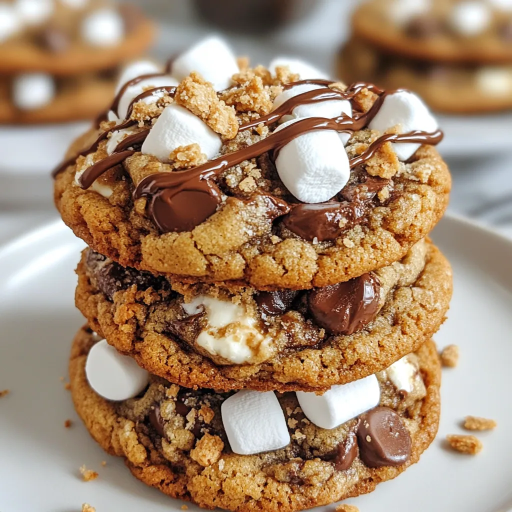 To make Chocolate Chip S’mores Cookies, you will need: - 1 cup unsalted butter, softened - 3/4 cup brown sugar, packed - 1/4 cup granulated sugar - 1 large egg - 1 teaspoon vanilla extract - 2 1/4 cups all-purpose flour - 1 teaspoon baking soda - 1/2 teaspoon salt - 1 cup semi-sweet chocolate chips - 1 cup mini marshmallows - 1 cup graham cracker crumbs These ingredients create a sweet and chewy cookie with a S’mores twist. If you don’t have an ingredient, you can substitute: - Use coconut oil for butter. - Brown sugar can be replaced with white sugar. - If you need a vegan option, use a flax egg instead of a regular egg. - You can swap semi-sweet chocolate chips for dark chocolate or milk chocolate. These swaps can still give you tasty cookies. When measuring ingredients, keep these tips in mind: - Use a dry measuring cup for flour and sugar. - Level off your measuring cup with a knife for accuracy. - For sticky ingredients like butter, pack them firmly into the cup. - Always check your measurements for baking success. Getting these details right ensures your cookies turn out great! {{ingredient_image_1}} 1. Preheat your oven. Set it to 350°F (175°C). This helps the cookies bake evenly. 2. Prepare your baking sheet. Line it with parchment paper. This keeps the cookies from sticking. 3. Mix the wet ingredients. In a large bowl, cream together 1 cup of softened butter, 3/4 cup brown sugar, and 1/4 cup granulated sugar. Beat until light and fluffy. 4. Add the egg and vanilla. Mix in 1 large egg and 1 teaspoon of vanilla extract until well blended. 5. Combine the dry ingredients. In another bowl, whisk together 2 1/4 cups all-purpose flour, 1 teaspoon baking soda, and 1/2 teaspoon salt. 6. Combine wet and dry mixes. Gradually add the dry mix to the wet mix. Stir until just combined. 7. Fold in the goodies. Gently add 1 cup of semi-sweet chocolate chips, 1 cup of mini marshmallows, and 1 cup of graham cracker crumbs. Make sure they are evenly mixed. 1. Scoop the dough. Use a tablespoon to scoop out portions of dough. Place them on your prepared baking sheet. Leave space between each cookie. 2. Bake the cookies. Place the baking sheet in the oven. Bake for 10-12 minutes. Look for golden edges and slightly set centers. 1. Let them cool. Once baked, remove the cookies from the oven. Let them cool on the baking sheet for 5 minutes. 2. Transfer to a wire rack. After 5 minutes, move the cookies to a wire rack to cool completely. 3. Serve with flair. Stack the cookies on a rustic plate. Drizzle melted chocolate on top. Add extra mini marshmallows for a fun touch! To get that chewy and soft cookie, use room-temperature butter. It mixes better. Avoid overmixing the dough. Overmixing can make cookies tough. When you fold in the chocolate chips and marshmallows, do it gently. This keeps the cookies nice and tender. Store your cookies in an airtight container. This keeps them fresh for days. Place a slice of bread in the container. The bread helps keep the cookies soft. If you want to freeze them, place them in a freezer bag. They stay good for up to three months. One mistake is not measuring flour correctly. Too much flour makes cookies dry. Another error is baking at the wrong temperature. Always preheat your oven to 350°F. Don't skip letting cookies cool on the baking sheet for a few minutes. This helps them set up nicely. Pro Tips Chill the Dough: For thicker cookies, chill the dough for at least 30 minutes before baking. This helps prevent spreading and leads to a chewier texture. Marshmallow Placement: Add a few extra mini marshmallows on top of the cookies just before they finish baking for a gooey, melty topping. Customize Your Chips: Experiment with different types of chocolate chips, like milk chocolate or dark chocolate, to suit your taste preferences. Store Properly: Keep cookies in an airtight container at room temperature for up to a week to maintain freshness and softness. {{image_2}} You can change your Chocolate Chip S’mores Cookies for fall. Just add pumpkin spice! Mix in one teaspoon of pumpkin pie spice. It gives a warm, cozy flavor. You can also use pumpkin puree instead of some butter. This adds moisture and a fun twist. Make these cookies gluten-free with easy swaps. Use gluten-free flour in place of all-purpose flour. Look for blends that work well in cookies. Make sure your chocolate chips and graham crackers are also gluten-free. This way, everyone can enjoy them! Get creative with flavors in your cookies! Try peanut butter chips instead of chocolate chips. You can mix in toffee bits for a sweet crunch. If you like fruit, add dried cherries or cranberries. These swaps make your cookies unique and tasty! To keep your Chocolate Chip S’mores Cookies fresh, use an airtight container. Place a piece of bread in the container to keep cookies soft. This method adds moisture and helps them stay chewy. Store the cookies at room temperature, away from sunlight. Avoid stacking them too high to prevent crushing. You can freeze these cookies for future enjoyment. After baking, let them cool completely. Then, wrap each cookie in plastic wrap. Place the wrapped cookies in a freezer bag. Make sure to remove as much air as possible. They freeze well for up to three months. When you want one, just thaw it at room temperature or warm it in the microwave. Stored properly, these cookies last about a week at room temperature. If you freeze them, they can last up to three months. Always check for any signs of spoilage before eating. If they look or smell off, it’s best to toss them. Enjoy your treats while they are fresh for the best taste! Yes, you can use other types of chocolate. Dark chocolate or white chocolate works well too. You may also mix different types for a unique taste. Just keep the same amount of chocolate. Adjusting the flavor helps create your perfect cookie. To stop cookies from spreading, chill the dough for about 30 minutes before baking. This helps them keep their shape. Also, ensure your butter is softened, not melted. Using a higher flour ratio can help too. Lastly, leave enough space between cookies on the baking sheet. Yes, you can bake these cookies at high altitude. You may need to make a few changes. Increase the flour by 2 tablespoons and reduce the sugar slightly. This helps cookies stay thick and chewy. Keep an eye on baking time, as it may vary at higher altitudes. You have learned about the key ingredients and their substitutes for perfect cookies. I shared important steps to prepare, bake, cool, and serve them. Tips help you avoid common mistakes and achieve the best texture. You also discovered fun variations and storage methods. Remember, baking takes practice. Don't stress if your first batch isn't perfect. Keep trying, and enjoy each bite of your creations. Happy baking, and may your cookies bring joy!
