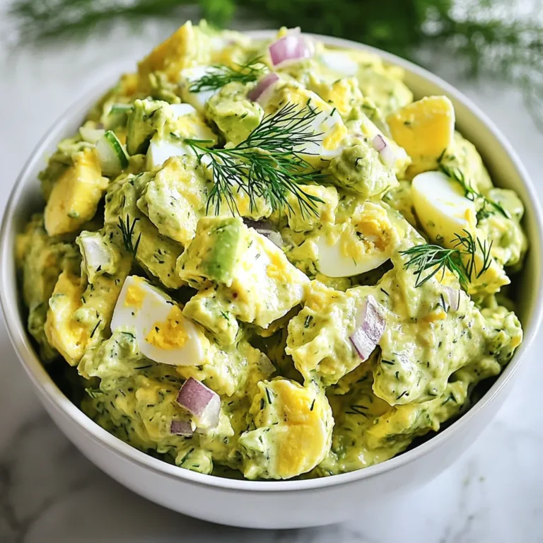 To make a delicious creamy avocado egg salad, you need a few simple ingredients. Here’s the list: - 4 large eggs - 1 ripe avocado - 2 tablespoons Greek yogurt - 1 tablespoon Dijon mustard - 1 tablespoon lemon juice - 1/4 cup red onion, finely chopped - 1/4 cup celery, finely chopped - Salt and pepper to taste - Fresh dill or parsley for garnish These ingredients come together to create a tasty and healthy dish. The eggs provide protein, while the avocado adds creaminess and healthy fats. Greek yogurt gives a tangy taste and keeps the salad light. The mustard and lemon juice give it a zesty kick. The onions and celery add a nice crunch and flavor. You can mix and match some of these ingredients. For example, you can swap Greek yogurt for sour cream or use different herbs for garnish. This recipe is easy to adapt based on what you have in your kitchen. Enjoy this salad on its own, in a wrap, or on a bed of greens! {{ingredient_image_1}} 1. Start by placing the eggs in a pot. Cover them with cold water. 2. Bring the water to a boil over medium-high heat. 3. Once the water boils, cover the pot and remove it from heat. 4. Let the eggs sit for 10-12 minutes. This gives you hard-boiled eggs. 5. After that, transfer the eggs to a bowl of ice water. 6. Let them cool for about 5 minutes. This helps to peel them easily. 1. While the eggs cool, cut the avocado in half. 2. Remove the pit with a spoon or knife. 3. Scoop the avocado flesh into a large mixing bowl. 4. Use a fork to mash the avocado. You can make it smooth or chunky. 1. In the bowl, add Greek yogurt, Dijon mustard, and lemon juice. 2. Mix these together well. This forms your creamy base. 3. Once the eggs cool, peel them and chop them into small pieces. 4. Add the chopped eggs to the avocado mixture. 5. Gently fold in the chopped red onion and celery. 6. Season with salt and pepper to taste. 7. Mix thoroughly but gently to keep the eggs intact. 8. Finally, garnish with fresh dill or parsley for extra flavor. To get the best texture, you can choose between smooth or chunky avocado. If you like a creamy salad, mash the avocado well. Use a fork for a smooth blend. If you prefer chunks, mash gently. Leave some pieces intact for bite. When adding eggs, chop them into small pieces. Be careful not to mash them too much. This keeps your salad light and fluffy. Fold them gently into the avocado mix. Balancing the flavors is key. Start with salt and pepper. Taste as you mix. If you want more zing, add extra lemon juice. The Dijon mustard also adds a nice kick. Fresh herbs, like dill or parsley, bring bright flavor. Chop them finely and mix them in. This will elevate your salad even more. For serving, think about color and texture. Serve the creamy avocado egg salad on crisp lettuce. This adds crunch. You can also use whole grain wraps for a tasty meal. Another fun idea is to use avocado halves as bowls. Cut the avocado in half and fill each half with salad. This looks great and tastes amazing! Pro Tips Fresh Ingredients: Always use the ripest avocados and freshest eggs for the best flavor and creaminess. Customize Your Greens: Add spinach or arugula into the salad for an extra nutrient boost and flavor contrast. Perfect Egg Peeling: Using older eggs can make peeling easier. If your eggs are fresh, try cracking them gently before placing them in the ice bath. Serving Suggestions: For a delightful twist, serve the salad on toasted bread or with crackers for a satisfying crunch. {{image_2}} You can change the Greek yogurt for different options. Try using sour cream for a richer taste. Plain yogurt also works well if you want a lighter version. If you prefer a dairy-free option, substitute with silken tofu. It gives a creamy texture without dairy. Herbs can also add new flavors. Fresh basil or cilantro can brighten the dish. You might even try using chives for a mild onion flavor. Experiment with what you have on hand for a personal touch. Adding spices can enhance the taste of your salad. A pinch of cayenne pepper gives it a nice kick. You may also try smoked paprika for a smoky flavor. Hot sauce can be a fun addition for those who like heat. Just a few drops can transform the dish. Consider mixing in a little garlic powder for extra flavor. It adds depth without being overpowering. These simple additions can make your salad unique and exciting. You can serve this salad in many ways. Try it in a whole-grain wrap for a quick lunch. Stuff it into pita bread for a tasty snack. You can also serve it on crisp lettuce for a light salad option. Using avocado halves as bowls is a fun idea. Just fill them with the salad for a beautiful presentation. This makes your dish look appealing and adds to the flavor. Enjoy exploring these different styles! To store leftover creamy avocado egg salad, place it in an airtight container. This keeps it fresh and prevents odors from other foods. Make sure to seal the container well. If you have a lot, divide it into smaller portions. This makes it easy to grab for lunch or snacks. In the fridge, your creamy avocado egg salad lasts about 2 to 3 days. After that, the avocado may brown, and the salad might lose its great taste. Always check for any strange smells or colors before eating it. If it looks off, it’s best to throw it away. You should not freeze avocado egg salad. Freezing changes the texture of the avocado. It can become mushy and watery once thawed. Instead, only make what you can eat in a few days. This way, you can enjoy the fresh taste and creamy texture. To hard-boil eggs well, start with fresh eggs. Place them in a pot and cover with cold water. Bring the water to a boil over medium-high heat. Once it boils, cover the pot and take it off the heat. Let it sit for 10 to 12 minutes. This method gives you firm whites and yolks. After cooking, cool the eggs in ice water for five minutes. This cooling step helps with easy peeling. Yes, you can use avocados that have brown spots. Look for the ones that are soft but not mushy. If the brown parts are small, you can cut them out. The green flesh is still good to eat. Make sure the avocado smells fresh. If it has a sour smell, it’s best to throw it away. Yes, this recipe is great for meal prep. You can make it in advance and store it in the fridge. It stays fresh for up to three days. Just keep it in an airtight container. This salad is easy to grab for lunch or a snack. You can also serve it on toast or in a wrap. This blog post shared a simple, tasty avocado egg salad recipe. We covered essential ingredients and detailed steps for making it. You learned tips for achieving the right texture and seasoning. I also discussed variations to try, like ingredient swaps and serving styles. Finally, we looked at storage info and answered common questions. Now, you can enjoy this healthy dish anytime. It’s easy to make and customize. Enjoy your cooking!