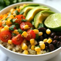 - 1 cup quinoa, rinsed - 2 cups vegetable broth - 1 can (15 oz) black beans, drained and rinsed - 1 cup corn (canned or frozen) - 1 red bell pepper, diced - 1 small red onion, diced - 1 avocado, diced - 1 cup cherry tomatoes, halved - 1 teaspoon cumin - 1 teaspoon paprika - 1/2 teaspoon cayenne pepper (optional for heat) - Juice of 1 lime - 2 tablespoons olive oil - Salt and pepper to taste - Fresh cilantro for garnish You will need these tools: - Medium saucepan - Large skillet - Measuring cups and spoons - Cutting board - Knife - Serving bowls You can swap ingredients easily. Here are some ideas: - Quinoa: Use brown rice or farro. - Black beans: Try kidney beans or pinto beans. - Corn: Fresh corn works well. - Red bell pepper: Use yellow or green peppers. - Avocado: Substitute with guacamole or omit for less fat. - Lime juice: Lemon juice can work in a pinch. - Olive oil: Use canola or avocado oil instead. {{ingredient_image_1}} First, grab a medium saucepan. Add 1 cup of rinsed quinoa and 2 cups of vegetable broth. Bring this mix to a boil over high heat. Once it boils, reduce the heat to low. Cover the pot and let it simmer for about 15 minutes. You will know it's done when the quinoa absorbs all the liquid and looks fluffy. Remove it from the heat and set it aside. Next, take a large skillet and heat 2 tablespoons of olive oil over medium heat. Add 1 small diced red onion and 1 diced red bell pepper. Sauté these for about 5 minutes until they get soft. Then, stir in 1 cup of corn, 1 can of drained and rinsed black beans, 1 teaspoon of cumin, 1 teaspoon of paprika, and 1/2 teaspoon of cayenne pepper if you like heat. Squeeze in the juice of 1 lime and add salt and pepper to taste. Cook this mixture for another 5 to 7 minutes. This step allows the flavors to blend nicely. Now, it’s time to put everything together. Start with a base of the fluffy quinoa in each bowl. Top it with the black bean and corn mixture. Then, add diced avocado and halved cherry tomatoes on top. For a finishing touch, sprinkle fresh cilantro over the bowls. If you like, add an extra squeeze of lime for more flavor. Enjoy your colorful and tasty Southwest Black Bean Quinoa Bowl! To make fluffy quinoa, start with rinsing it well. This removes bitterness. Use two cups of vegetable broth for one cup of quinoa. Bring it to a boil, then cover and reduce heat. Let it simmer for about 15 minutes. After cooking, let it sit for five minutes before fluffing with a fork. This step helps keep the grains separate and light. Spices make a big difference in your bowl. Use cumin and paprika for warmth. If you like heat, add cayenne pepper. These spices blend well with the black beans and corn. Don't forget to add lime juice at the end. This brightens the dish and adds freshness. Taste as you go and adjust the seasoning with salt and pepper. A well-presented bowl is more enjoyable. Start with a base of fluffy quinoa. Add the black bean and corn mixture on top. Next, layer diced avocado and cherry tomatoes for color. Fresh cilantro adds a pop of green and flavor. For a finishing touch, squeeze more lime on top. This makes your bowl look inviting and delicious! Pro Tips Rinse Your Quinoa: Always rinse quinoa before cooking to remove its natural coating, called saponin, which can give it a bitter taste. Customize Your Heat: Adjust the cayenne pepper to your taste preference. You can skip it entirely for a milder dish or add more for an extra kick! Fresh Ingredients Matter: Use fresh produce whenever possible, especially for the tomatoes and avocado, to enhance the flavors and textures in your bowl. Make It Ahead: This bowl keeps well in the refrigerator for up to 3 days, making it a great meal-prep option. Just store the components separately to maintain freshness. {{image_2}} You can add protein to your Southwest Black Bean Quinoa Bowl for more flavor and nutrition. Grilled chicken works well. Simply season it with lime juice and spices before cooking. You can also use tofu for a vegan twist. Press the tofu to remove moisture, then cube and sauté it with spices. This adds a nice texture and absorbs all the yummy flavors. Feel free to mix in extra vegetables. I love adding zucchini or spinach for more color and nutrients. You can also try roasted sweet potatoes or mushrooms. Just sauté them with the onions and bell peppers. This makes the dish even more filling and delicious. This recipe is already vegan and gluten-free, but you can enhance it. Use quinoa, which is naturally gluten-free, as your base. Ensure your vegetable broth is also gluten-free. If you want a creamier texture, add some cashew cream or coconut yogurt on top. This way, you keep it creamy while sticking to your diet. You can store the Southwest Black Bean Quinoa Bowl in the fridge for up to four days. Keep it in an airtight container. This helps keep the flavors fresh. Make sure the bowl has cooled down before you seal it. If you want to keep the avocado fresh, wait to add it until you serve. If you want to freeze this dish, it works well too. Place the quinoa and black bean mixture in a freezer-safe bag. Avoid freezing the fresh veggies like avocado and tomatoes. They do not freeze well. The bowl can last for up to three months in the freezer. When you are ready to eat, just thaw it in the fridge overnight. To reheat, use a microwave or a stovetop. If using a microwave, heat in 30-second bursts, stirring in between. For the stovetop, add a splash of water to keep it moist. Heat on low until warmed through. Always check that it is hot before serving. Enjoy your tasty bowl again! The Southwest Black Bean Quinoa Bowl lasts up to four days in the fridge. Store it in an airtight container. This helps keep it fresh and tasty. Always check for any signs of spoilage before eating. Yes, you can make this bowl ahead of time. Prepare the quinoa and black bean mixture, then store them separately. Assemble the bowl just before serving. This keeps all the textures nice and prevents sogginess. Common toppings include diced avocado, cherry tomatoes, and fresh cilantro. You can also add lime wedges for extra flavor. Other options are sliced jalapeños, shredded cheese, or a dollop of sour cream. These toppings enhance the taste and make it look colorful. This blog explored how to make a delicious Southwest Black Bean Quinoa Bowl. We went through ingredients, tools, and even substitutions. You learned to cook fluffy quinoa and create a tasty black bean mixture. I shared tips for seasoning and giving your bowl a beautiful look. As you experiment with variations, you can add proteins, more veggies, or keep it vegan. Storing leftovers is easy, and reheating is simple too. Enjoy trying out these ideas!