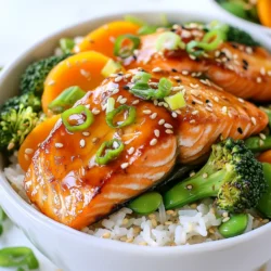 To make Teriyaki Salmon Rice Bowls, you will need fresh and simple ingredients. Here’s what to gather: - 2 salmon fillets - 1 cup uncooked jasmine rice - 1/4 cup teriyaki sauce (store-bought or homemade) - 1 tablespoon olive oil - 1 cup broccoli florets - 1/2 carrot, thinly sliced - 1/4 cup snap peas - 2 green onions, sliced - 1 tablespoon sesame seeds - Salt and pepper to taste These ingredients create a dish that is both tasty and healthy. The salmon gives protein, while the veggies add crunch and color. Jasmine rice serves as a fluffy base. You can find these items at any grocery store. Keep in mind, using fresh ingredients will enhance the flavors. You can also swap veggies based on your taste. For example, bell peppers or spinach work well too. This flexibility lets you make the bowl your own! {{ingredient_image_1}} - Rinsing the rice: Begin by rinsing the jasmine rice under cold water. This step removes extra starch. Keep rinsing until the water runs clear. - Cooking methods: Cook the rice in a rice cooker or on the stovetop. Follow package instructions, which usually take about 15 minutes. Once done, set the rice aside. - Blanching process: Bring a medium pot of water to a boil. Add the broccoli florets, carrot slices, and snap peas. Blanch for 2-3 minutes until tender. - Setting vegetables aside: After blanching, drain the vegetables and let them cool. Set them aside for later. - Marinating duration and process: Place the salmon fillets in a bowl. Pour the teriyaki sauce over the salmon. Let it marinate for 15 minutes to soak up flavor. - Cooking time and techniques: Heat olive oil in a pan over medium heat. Once hot, add the marinated salmon, skin-side down. Cook for 5-6 minutes on each side. The salmon should flake easily with a fork. - Layering ingredients: Grab serving bowls. Start with a base of jasmine rice. Place the cooked salmon fillets on top. - Presentation tips: Arrange the blanched vegetables around the salmon for a colorful look. - Garnish options: Sprinkle sliced green onions and sesame seeds on top. - Serving suggestions: Drizzle any leftover teriyaki sauce over the bowls if you like. Serve immediately and enjoy your meal! To get the perfect flaky salmon, follow these tips: - Use fresh salmon: Freshness makes a big difference in taste and texture. - Avoid overcooking: Cook salmon until it flakes easily with a fork. - Let it rest: After cooking, let it sit for a minute. This keeps it juicy. For even cooking, here’s what to do: - Skin-side down first: Start cooking with the skin side down. It helps keep the fish moist. - Check thickness: Thicker fillets may need more time. Adjust cooking based on size. For a great homemade teriyaki sauce, try this simple recipe: - Soy sauce: Use low-sodium soy sauce for a healthier option. - Brown sugar: Adds sweetness. You can also use honey. - Ginger and garlic: Freshly minced gives a punch of flavor. You can add more taste with these options: - Sesame oil: A few drops can boost the flavor. - Chili flakes: If you like heat, sprinkle some on. - Pineapple juice: A splash adds a nice tang. To multitask while cooking, here’s my advice: - Cook rice first: Start the rice, then prep the veggies and salmon. - Blanch veggies: While the salmon marinates, blanch your veggies. This saves time. To reduce meal prep time: - Prep ahead: Cut vegetables the night before. Store them in the fridge. - Use frozen veggies: They are quick and often just as tasty. - Batch cook rice: Make extra rice for another meal. It heats well. Pro Tips Marinate Longer for More Flavor: For an even bolder taste, consider marinating the salmon for up to an hour in the teriyaki sauce. This allows the flavors to penetrate the fish more deeply. Check Salmon for Doneness: Use a fork to check if the salmon flakes easily. This is a good indication that it’s perfectly cooked. Avoid overcooking to keep it juicy. Customize Your Veggies: Feel free to swap in your favorite vegetables or whatever you have on hand. Bell peppers, zucchini, or bok choy are great alternatives. Serve with Extra Sauce: To enhance the flavor, serve the bowls with a side of extra teriyaki sauce for drizzling. This adds a delicious finishing touch. {{image_2}} If you want a change from salmon, you have options. Chicken thighs or breast work well. Tofu is a great vegetarian choice. Cook it until golden brown for extra flavor. Shrimp is another tasty option. Just make sure they turn pink before serving. Feel free to get creative with your veggies. You can use bell peppers, zucchini, or asparagus. Each adds a unique taste. Seasonal choices like squash in fall or peas in spring make it fun. You can also add some fresh herbs like cilantro or basil for an extra pop. While jasmine rice is a great choice, other grains can shine too. Brown rice adds a nutty flavor and is more filling. Quinoa is a protein-packed option that's gluten-free. Cauliflower rice is a low-carb choice that works well for a lighter meal. Each rice alternative changes the dish in a delicious way. To keep your teriyaki salmon rice bowls fresh, follow these tips. - Refrigeration tips: Store the salmon and rice in separate airtight containers. This will help keep the rice from getting soggy. Use the salmon within 2 days for the best taste. The veggies can last about 3 days in the fridge. - Freezing guidelines: If you want to save your meal for later, you can freeze the salmon and veggies. Wrap them tightly in plastic wrap and store in a freezer bag. This helps prevent freezer burn. Use within 1 month for the best flavor. Reheating properly keeps your meal tasty. Here’s how to do it right. - Best practices for reheating salmon: Thaw the salmon overnight in the fridge if frozen. For refrigerated salmon, heat it in a pan over low heat. This keeps it moist. You can also use the microwave for quick reheating, but be careful not to overcook it. - Maintaining texture and flavor: To keep the rice fluffy, add a splash of water before reheating. Cover the bowl to trap steam. This will help keep both the rice and salmon juicy and flavorful. Enjoy your meal just as you made it! It takes about 35 minutes to cook Teriyaki Salmon Rice Bowls. This includes 15 minutes for prep and 20 minutes for cooking. You can enjoy a flavorful meal in no time! Yes, you can use frozen salmon. Just thaw it before marinating. It will cook well and still taste great! You can use soy sauce mixed with honey or maple syrup. This gives a similar sweet and salty flavor. You can also try hoisin sauce for a different twist. Absolutely! These rice bowls store well in the fridge. Just keep the salmon and veggies separate from the rice until ready to eat. Great side dishes include edamame, pickled vegetables, or a simple salad. You can also serve it with seaweed salad for extra flavor! You learned about making Teriyaki Salmon Rice Bowls with simple steps. We covered choosing the right ingredients, cooking methods, and garnishing ideas. Remember the importance of timing and flavor enhancements to make your dish shine. I encourage you to try different proteins and vegetables to keep meals exciting. Proper storage will help you enjoy these bowls later. I hope you feel confident to create this tasty dish. It's time to eat well and impress your family or friends!