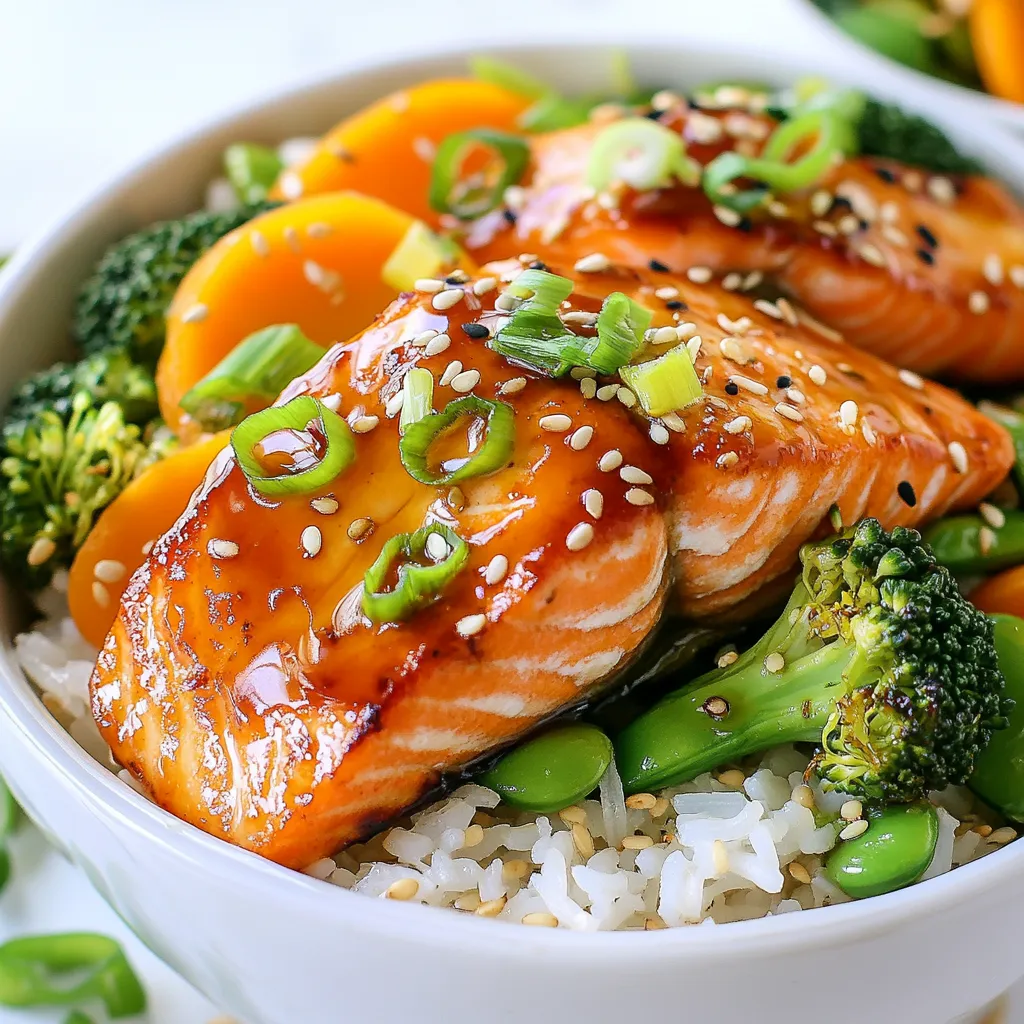 To make Teriyaki Salmon Rice Bowls, you will need fresh and simple ingredients. Here&rsquo;s what to gather: - 2 salmon fillets - 1 cup uncooked jasmine rice - 1/4 cup teriyaki sauce (store-bought or homemade) - 1 tablespoon olive oil - 1 cup broccoli florets - 1/2 carrot, thinly sliced - 1/4 cup snap peas - 2 green onions, sliced - 1 tablespoon sesame seeds - Salt and pepper to taste These ingredients create a dish that is both tasty and healthy. The salmon gives protein, while the veggies add crunch and color. Jasmine rice serves as a fluffy base. You can find these items at any grocery store. Keep in mind, using fresh ingredients will enhance the flavors. You can also swap veggies based on your taste. For example, bell peppers or spinach work well too. This flexibility lets you make the bowl your own! {{ingredient_image_1}} - Rinsing the rice: Begin by rinsing the jasmine rice under cold water. This step removes extra starch. Keep rinsing until the water runs clear. - Cooking methods: Cook the rice in a rice cooker or on the stovetop. Follow package instructions, which usually take about 15 minutes. Once done, set the rice aside. - Blanching process: Bring a medium pot of water to a boil. Add the broccoli florets, carrot slices, and snap peas. Blanch for 2-3 minutes until tender. - Setting vegetables aside: After blanching, drain the vegetables and let them cool. Set them aside for later. - Marinating duration and process: Place the salmon fillets in a bowl. Pour the teriyaki sauce over the salmon. Let it marinate for 15 minutes to soak up flavor. - Cooking time and techniques: Heat olive oil in a pan over medium heat. Once hot, add the marinated salmon, skin-side down. Cook for 5-6 minutes on each side. The salmon should flake easily with a fork. - Layering ingredients: Grab serving bowls. Start with a base of jasmine rice. Place the cooked salmon fillets on top. - Presentation tips: Arrange the blanched vegetables around the salmon for a colorful look. - Garnish options: Sprinkle sliced green onions and sesame seeds on top. - Serving suggestions: Drizzle any leftover teriyaki sauce over the bowls if you like. Serve immediately and enjoy your meal! To get the perfect flaky salmon, follow these tips: - Use fresh salmon: Freshness makes a big difference in taste and texture. - Avoid overcooking: Cook salmon until it flakes easily with a fork. - Let it rest: After cooking, let it sit for a minute. This keeps it juicy. For even cooking, here&rsquo;s what to do: - Skin-side down first: Start cooking with the skin side down. It helps keep the fish moist. - Check thickness: Thicker fillets may need more time. Adjust cooking based on size. For a great homemade teriyaki sauce, try this simple recipe: - Soy sauce: Use low-sodium soy sauce for a healthier option. - Brown sugar: Adds sweetness. You can also use honey. - Ginger and garlic: Freshly minced gives a punch of flavor. You can add more taste with these options: - Sesame oil: A few drops can boost the flavor. - Chili flakes: If you like heat, sprinkle some on. - Pineapple juice: A splash adds a nice tang. To multitask while cooking, here&rsquo;s my advice: - Cook rice first: Start the rice, then prep the veggies and salmon. - Blanch veggies: While the salmon marinates, blanch your veggies. This saves time. To reduce meal prep time: - Prep ahead: Cut vegetables the night before. Store them in the fridge. - Use frozen veggies: They are quick and often just as tasty. - Batch cook rice: Make extra rice for another meal. It heats well. Pro Tips Marinate Longer for More Flavor: For an even bolder taste, consider marinating the salmon for up to an hour in the teriyaki sauce. This allows the flavors to penetrate the fish more deeply. Check Salmon for Doneness: Use a fork to check if the salmon flakes easily. This is a good indication that it&rsquo;s perfectly cooked. Avoid overcooking to keep it juicy. Customize Your Veggies: Feel free to swap in your favorite vegetables or whatever you have on hand. Bell peppers, zucchini, or bok choy are great alternatives. Serve with Extra Sauce: To enhance the flavor, serve the bowls with a side of extra teriyaki sauce for drizzling. This adds a delicious finishing touch. {{image_2}} If you want a change from salmon, you have options. Chicken thighs or breast work well. Tofu is a great vegetarian choice. Cook it until golden brown for extra flavor. Shrimp is another tasty option. Just make sure they turn pink before serving. Feel free to get creative with your veggies. You can use bell peppers, zucchini, or asparagus. Each adds a unique taste. Seasonal choices like squash in fall or peas in spring make it fun. You can also add some fresh herbs like cilantro or basil for an extra pop. While jasmine rice is a great choice, other grains can shine too. Brown rice adds a nutty flavor and is more filling. Quinoa is a protein-packed option that's gluten-free. Cauliflower rice is a low-carb choice that works well for a lighter meal. Each rice alternative changes the dish in a delicious way. To keep your teriyaki salmon rice bowls fresh, follow these tips. - Refrigeration tips: Store the salmon and rice in separate airtight containers. This will help keep the rice from getting soggy. Use the salmon within 2 days for the best taste. The veggies can last about 3 days in the fridge. - Freezing guidelines: If you want to save your meal for later, you can freeze the salmon and veggies. Wrap them tightly in plastic wrap and store in a freezer bag. This helps prevent freezer burn. Use within 1 month for the best flavor. Reheating properly keeps your meal tasty. Here&rsquo;s how to do it right. - Best practices for reheating salmon: Thaw the salmon overnight in the fridge if frozen. For refrigerated salmon, heat it in a pan over low heat. This keeps it moist. You can also use the microwave for quick reheating, but be careful not to overcook it. - Maintaining texture and flavor: To keep the rice fluffy, add a splash of water before reheating. Cover the bowl to trap steam. This will help keep both the rice and salmon juicy and flavorful. Enjoy your meal just as you made it! It takes about 35 minutes to cook Teriyaki Salmon Rice Bowls. This includes 15 minutes for prep and 20 minutes for cooking. You can enjoy a flavorful meal in no time! Yes, you can use frozen salmon. Just thaw it before marinating. It will cook well and still taste great! You can use soy sauce mixed with honey or maple syrup. This gives a similar sweet and salty flavor. You can also try hoisin sauce for a different twist. Absolutely! These rice bowls store well in the fridge. Just keep the salmon and veggies separate from the rice until ready to eat. Great side dishes include edamame, pickled vegetables, or a simple salad. You can also serve it with seaweed salad for extra flavor! You learned about making Teriyaki Salmon Rice Bowls with simple steps. We covered choosing the right ingredients, cooking methods, and garnishing ideas. Remember the importance of timing and flavor enhancements to make your dish shine. I encourage you to try different proteins and vegetables to keep meals exciting. Proper storage will help you enjoy these bowls later. I hope you feel confident to create this tasty dish. It's time to eat well and impress your family or friends!