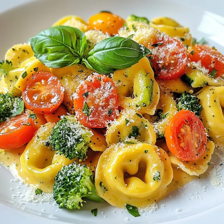 To make creamy tortellini primavera, you need a few fresh ingredients. Here’s what you'll need: - 12 oz cheese tortellini (fresh or frozen) - 1 cup cherry tomatoes, halved - 1 cup bell peppers (mixed colors), sliced - 1 zucchini, diced - 1 cup broccoli florets - 1 cup heavy cream - 1 tablespoon olive oil - 1 teaspoon garlic powder - 1 teaspoon Italian seasoning - Salt and pepper to taste - 1/2 cup grated Parmesan cheese - Fresh basil leaves for garnish These ingredients bring color and flavor to the dish. The cheese tortellini serves as the base, while the veggies add crunch and nutrition. Heavy cream makes the dish rich and creamy. The seasonings tie everything together, giving it that Italian flair. You can find these items at most grocery stores. {{ingredient_image_1}} First, boil water in a large pot. Add salt to the water for flavor. Once the water boils, add the cheese tortellini. Cook according to the package instructions until al dente. This usually takes about 3 to 4 minutes. When done, drain the tortellini and set it aside in a bowl. Next, heat one tablespoon of olive oil in a large skillet over medium heat. Add the sliced bell peppers, diced zucchini, and broccoli florets. Sauté these vegetables for about 5 to 7 minutes. You want them tender but still crisp. Stir them often to avoid burning. After the veggies are ready, add the halved cherry tomatoes to the skillet. Cook everything for an extra 3 minutes. This helps the tomatoes soften a bit. Then, reduce the heat to low. Pour in the heavy cream and stir in garlic powder, Italian seasoning, salt, and pepper. Let this mixture simmer for 2 to 3 minutes. Keep stirring occasionally to blend the flavors. Now, it’s time to bring it all together. Gently mix in the cooked tortellini into the skillet. Stir well to coat every piece with sauce. Then, sprinkle in the grated Parmesan cheese. Stir until the cheese melts and the sauce gets creamy. If the sauce seems thin, let it sit for a minute to thicken. Serve hot, topped with fresh basil leaves for extra flavor. When making creamy tortellini primavera, you can pick fresh or frozen tortellini. Fresh tortellini gives a tender bite and often has more flavor. Frozen tortellini works well too and cooks quickly. I recommend cheese-filled tortellini for a rich taste. Look for ones with a blend of ricotta and Parmesan for the best flavor. You can change the veggies based on what's in season. If you can't find broccoli, try green beans or asparagus. For bell peppers, you can use carrots or snap peas. Just remember to cut the veggies small for even cooking. Sauté them until they are tender but still bright in color. This keeps them tasty and crunchy. To adjust the creaminess, you can add more or less heavy cream. If you want a thicker sauce, mix in a bit of cream cheese or more Parmesan. Taste as you go to find the right seasoning. A pinch of extra salt or pepper can really bring out the flavors. Let the sauce simmer briefly to thicken before serving. Pro Tips Use Fresh Vegetables: Fresh vegetables will enhance the flavor and texture of your dish. Choose seasonal produce for the best taste. Adjust Creaminess: If you prefer a lighter dish, substitute half of the heavy cream with vegetable broth or milk for a less rich sauce. Add Protein: For a heartier meal, consider adding grilled chicken, shrimp, or chickpeas to boost the protein content. Garnish Generously: Fresh basil not only adds a pop of color but also enhances the aroma and flavor. Don’t skip this step! {{image_2}} You can easily add proteins to boost flavor and nutrition. Chicken and shrimp work well. Simply grill or sauté chicken pieces until cooked through. Add them to the dish at the end. For shrimp, cook them in the skillet for a few minutes before adding the sauce. If you prefer vegetarian options, consider using chickpeas or tofu. Both add great texture and protein. For a gluten-free meal, choose gluten-free tortellini. Many brands offer gluten-free options made from rice or corn. When cooking, follow the package instructions closely. You may need to adjust cooking time. To keep the dish gluten-free, ensure that your cream and seasonings do not contain gluten. To make a vegan version, swap the heavy cream with coconut milk or cashew cream. For cheese, use nutritional yeast or vegan cheese. These options give you a creamy texture without dairy. Look for plant-based tortellini made from wheat or chickpeas. They are often available at health food stores. To keep Creamy Tortellini Primavera fresh, you need to follow a few simple steps. First, let the dish cool to room temperature. Then, transfer it to an airtight container. It will last in the fridge for up to three days. Use clear labels to mark the date. For freezing, place the pasta in a freezer-safe container. Make sure to remove as much air as possible. This way, it can stay good for about three months. When you want to enjoy your leftovers, be careful to keep the dish tasty. The best way to reheat it is on the stovetop. Use a non-stick pan over low heat. Add a splash of cream or water to prevent sticking. Stir often to keep the texture creamy. Avoid using the microwave if you can, as it may dry out the pasta. Remember to reheat only what you plan to eat. This helps avoid overcooking and keeps the flavors bright. You can prepare this dish ahead of time. First, cook the tortellini and veggies as usual. After cooking, cool everything down. Store them in an airtight container in the fridge. When you're ready to eat, just reheat it. You may need to add a splash of cream to bring back the sauce's creaminess. This makes it quick and easy for busy nights. Yes, you can use many other vegetables. Try adding spinach, asparagus, or carrots. Cauliflower or peas also work well. Just make sure to adjust the cooking time. You want all the veggies to stay tender but crisp. This keeps the dish fresh and fun every time you make it. This dish pairs well with many sides. A simple green salad is a great choice. Garlic bread makes a tasty and filling option too. If you want something warm, try serving with roasted vegetables. These sides balance the creamy pasta and add variety to your meal. This blog post covered a simple, tasty recipe for Creamy Tortellini Primavera. We discussed key ingredients like cheese tortellini, fresh veggies, and a rich sauce. Cooking steps included boiling the pasta and sautéing the vegetables perfectly. I shared tips on ingredient choices and even offered variations for different diets. Remember, this dish is versatile and can fit many tastes. Enjoy making it your own with the suggestions provided. Your kitchen is a stage for creativity, so have fun experimenting!
