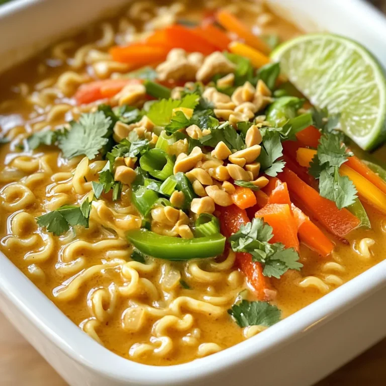 - 2 packs of instant ramen noodles - 1 cup chicken or vegetable broth - 3 tablespoons creamy peanut butter - 2 tablespoons soy sauce - 1 tablespoon lime juice - 1 tablespoon honey or maple syrup - 1 bell pepper, thinly sliced - 1 carrot, julienned - 2 green onions, chopped - Fresh cilantro for garnish - Chopped peanuts for garnish The main ingredients create the heart of this dish. Instant ramen noodles cook quickly and soak up all the flavor. A cup of broth makes the sauce rich and warm. Creamy peanut butter adds that nutty taste we love. Now, let’s talk about the additional ingredients. Soy sauce brings saltiness, while lime juice gives a nice tang. Honey or maple syrup adds a hint of sweetness. You can tweak these to fit your taste. Next, we have the vegetables and garnishes. Bell peppers and carrots bring color and crunch. Green onions add freshness. Cilantro gives a burst of flavor. Chopped peanuts on top create a delightful crunch. Each ingredient plays a role in making this dish tasty and fun to eat! 1. First, take a medium saucepan. Pour in your chicken or vegetable broth. 2. Heat it over medium heat until it begins to simmer. 3. Next, grab a whisk. In the broth, add 3 tablespoons of creamy peanut butter. 4. Then, add 2 tablespoons of soy sauce, 1 tablespoon of lime juice, and 1 tablespoon of honey or maple syrup. 5. If you like heat, add 1 teaspoon of sriracha. 6. Whisk all the ingredients together until the sauce is smooth and well mixed. 1. While your sauce simmers, take another pot and fill it with water. Bring it to a boil. 2. Add 2 packs of instant ramen noodles to the boiling water. 3. Cook the noodles according to the package instructions until they are tender. 4. Once done, drain the noodles in a colander and set them aside. 1. Go back to your saucepan with the sauce. Add sliced bell pepper and julienned carrot. 2. Cook the vegetables in the sauce for 2-3 minutes. You want them just tender, not mushy. 3. Now, toss in the cooked ramen noodles. Mix them well with the sauce and veggies. 4. Remove from heat. For the final touch, add chopped green onions, fresh cilantro, and chopped peanuts. 5. Serve hot in deep bowls. You can drizzle more peanut sauce on top if you like! To get the right feel for your peanut sauce, start with a smooth mix. If it's too thick, add a splash of broth. This keeps it creamy and easy to coat the noodles. If you want more flavor, try adding a pinch of garlic powder or chili flakes. This will give your sauce a tasty kick! To keep your veggies crunchy, cook them just a little. Add bell peppers and carrots to the sauce for only 2-3 minutes. This way, they stay bright and crisp. Timing is key. Always add your vegetables after making the sauce but before tossing in the noodles. For a pretty bowl, serve the ramen in deep bowls. Drizzle extra peanut sauce on top for a glossy look. A lime wedge on the side adds freshness. You can also pair this dish with a light salad to balance out the flavors. Consider cucumber salad or a simple green salad to complete your meal! {{image_2}} You can add protein to your Minute Thai Peanut Ramen for extra flavor and nutrition. Chicken, shrimp, and tofu are great options. - Chicken: Use cooked rotisserie chicken for quick prep. Shred it and toss it in when you mix the noodles. - Shrimp: Add shrimp to the broth and cook until pink, about 3-4 minutes. - Tofu: Use firm tofu. Sauté it in a pan until golden before mixing it in with the noodles. Each of these proteins will give your ramen a new taste. The peanut sauce is a great base, but you can change it up to make it your own. - Nut Butters: Try almond butter or cashew butter for a twist. Each will add a different flavor. - Other Sauces: Consider adding hoisin sauce or teriyaki sauce for a sweet kick. You can mix and match to find your favorite blend. Experimenting with these options keeps the dish fresh and exciting. You can easily adapt this recipe for dietary needs. - Vegan: Use vegetable broth and swap honey for maple syrup. This keeps it plant-based. - Gluten-Free: Look for gluten-free ramen brands like Lotus Foods or explore rice noodles as a substitute. Always check labels to ensure they meet your needs. These swaps let everyone enjoy this tasty dish without worry. To keep your Thai peanut ramen fresh, store leftovers in the fridge. Use an airtight container. This helps stop the noodles from getting soggy. You can keep it for up to three days. Make sure to let it cool before sealing. This keeps the steam from making it mushy. When you’re ready to eat, reheat the ramen on the stove. This keeps the noodles from getting sticky. Add a splash of broth or water to help. Stir gently as it warms up. You can also use a microwave. Place it in a bowl and cover it with a damp paper towel. Heat it in short bursts to keep the texture right. Yes, you can freeze Thai peanut ramen. But I suggest freezing the noodles and sauce separately. Cook the noodles fully, then cool them before freezing. For the sauce, let it cool and store it in a freezer-safe bag. To thaw, place it in the fridge overnight. Then, reheat as usual for a tasty meal anytime. It takes just 10 minutes to prep and 5 minutes to cook. You can enjoy this dish in 15 minutes total. This makes it perfect for a quick meal after a long day. Yes, you can easily make this dish gluten-free. Choose gluten-free ramen noodles. You can also use tamari instead of soy sauce for a gluten-free option. Many brands offer great tasting gluten-free noodles that work well in this recipe. You can add a few things to boost the taste. Try adding cooked chicken, shrimp, or tofu for protein. Fresh herbs like basil or mint can also brighten the dish. If you love heat, add more sriracha or a sprinkle of chili flakes. For extra crunch, toss in some chopped peanuts or sesame seeds. This blog covers making Minute Thai Peanut Ramen, focusing on key ingredients, steps, and tips. You learned how to prepare a tasty peanut sauce and properly cook the noodles. Don’t forget to try different proteins and flavors to customize your dish. Storing and reheating tips keep leftovers fresh. With these tricks, you’ll enjoy a delicious meal anytime. Dive in and make your own bowl of joy!