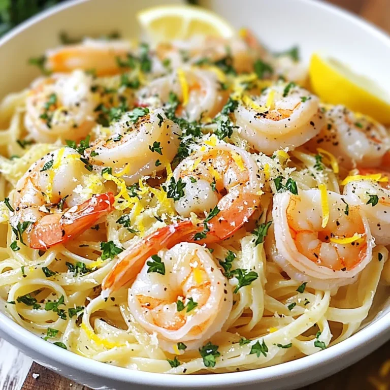 - 1 lb large shrimp, peeled and deveined - 8 oz linguine or spaghetti - 4 tablespoons unsalted butter - 3 tablespoons olive oil - 4 cloves garlic, minced - 1 teaspoon red pepper flakes - 1 lemon, juiced and zested - 1/4 cup fresh parsley, chopped - Salt and pepper to taste - Grated Parmesan cheese (optional, for serving) Gather these fresh ingredients for a tasty meal. Start with large shrimp. They add a sweet flavor and nice texture. Use linguine or spaghetti for the perfect pasta base. Unsalted butter gives a rich taste. Olive oil adds depth. Next, garlic brings a strong aroma and flavor. Red pepper flakes add just the right kick. Use a fresh lemon. Its juice brightens the dish, while zest adds more lemony goodness. Fresh parsley gives a lovely color and taste. Don’t forget salt and pepper to season. If you like, sprinkle Parmesan cheese on top. It melts well and adds creaminess. Each ingredient works together to create a delightful meal. {{ingredient_image_1}} - Bring a large pot of salted water to boil. - Add linguine or spaghetti and cook until al dente. - Reserve 1/2 cup of the pasta water, then drain and set aside. - In a large skillet, heat olive oil and 2 tablespoons of butter over medium heat. - Once the butter melts, add minced garlic and red pepper flakes. - Add the shrimp to the skillet. - Season the shrimp with salt and pepper. - Cook for about 2-3 minutes on each side until shrimp are pink and opaque. - Reduce heat to low. - Add lemon juice, lemon zest, and reserved pasta water to the skillet. - Stir to combine. - Add cooked pasta and remaining 2 tablespoons of butter. - Toss everything together until well combined and the butter melts. - Stir in chopped parsley. - Adjust seasoning if necessary. - Plate the shrimp scampi. - Garnish with additional parsley and Parmesan cheese if desired. To perfect the flavor, adjust the red pepper flakes based on your heat preference. Start with one teaspoon. If you like it spicy, add more. Fresh ingredients make a big difference too. Use fresh garlic and parsley for the best taste. Avoid overcooking shrimp. Cook them just until they turn pink and opaque, about 2-3 minutes on each side. For pasta, cook it until al dente. This means it should be firm to the bite. Reserve some pasta water before draining. It helps to make the sauce creamy. Pair shrimp scampi with a side salad or garlic bread. A fresh green salad balances the dish. As for wine, a crisp white wine works best. A Sauvignon Blanc or Pinot Grigio complements the flavors nicely. Enjoy your meal with these simple pairings for a complete experience. Pro Tips Use Fresh Shrimp: Fresh shrimp will enhance the flavor and texture of your dish. If using frozen shrimp, ensure they are fully thawed and patted dry before cooking. Perfect Pasta: To achieve al dente pasta, follow the package instructions closely and taste it a minute or two before the suggested cooking time is up. Adjust Heat Level: The red pepper flakes can be adjusted based on your heat preference. Start with a small amount, and add more if you like it spicier! Butter for Richness: Using both butter and olive oil gives you the best of both worlds—richness from the butter and a higher smoke point from the oil, preventing the butter from burning. {{image_2}} You can make this dish gluten-free. Simply swap the linguine or spaghetti for gluten-free pasta. Many brands offer great options. Look for ones made from rice, quinoa, or chickpeas. Cook them just like regular pasta. This way, everyone can enjoy the meal! Want to boost the dish's nutrition? Add some veggies! Spinach is an excellent choice. Toss in a handful during the last minute of cooking. It wilts quickly and adds color. Cherry tomatoes also work well. Halve them and add them when you cook the shrimp. They add a sweet burst of flavor. If you’re not in the mood for shrimp, no problem! You can use scallops instead. They cook quickly and have a nice, sweet taste. Chicken is another option. Just cut it into bite-sized pieces and cook until golden brown. Both choices will still match the garlic butter sauce perfectly! To store your leftover shrimp scampi, first let it cool to room temperature. Next, place it in an airtight container. This helps keep it fresh. You can store it in the fridge for up to three days. If you plan to eat it later, avoid leaving it out for too long. Keeping it chilled ensures safety and flavor. When reheating shrimp scampi, I recommend using a skillet. This method keeps the shrimp juicy. Heat the skillet over medium-low. Add a splash of water or broth to prevent sticking. Gently stir the shrimp for about five minutes. You can also use the microwave. If you choose this, cover the dish with a damp paper towel. Heat in short bursts, stirring in between, until warm. Yes, you can freeze shrimp scampi! To do this, let it cool completely. Then, place it in a freezer-safe container. Make sure to remove as much air as possible. It will keep well for up to three months. When ready to eat, thaw it overnight in the fridge. Reheat it gently on the stove or in the microwave. The shrimp may lose some texture, but the flavor will still be great. The best pasta for shrimp scampi is linguine or spaghetti. Both types hold sauce well and complement the shrimp. You can also use fettuccine or angel hair if you prefer. They all cook quickly and make a tasty dish. Yes, you can use frozen shrimp. Just make sure to thaw them first. You can soak them in cold water for about 15-20 minutes. Once thawed, peel and devein if needed. Using frozen shrimp saves time and works well in this recipe. Garlic butter shrimp scampi has a mild heat. The red pepper flakes add flavor without being too hot. You can adjust the spice by adding less or more flakes. For no heat, simply leave them out. You can serve shrimp scampi with a simple green salad or garlic bread. Both pair well with the rich flavors. Steamed vegetables or a light risotto also make great sides. They balance the meal and add freshness. This shrimp scampi recipe combines fresh ingredients for a quick, tasty meal. You learned how to cook shrimp perfectly, prepare pasta, and combine flavors. Don’t forget to adjust the heat to your liking. Adding veggies or trying different proteins can keep things exciting. Store leftovers right and you can enjoy it later. Follow these tips to impress family or guests. With practice, you can master this dish and make it your own. Enjoy the cooking journey!
