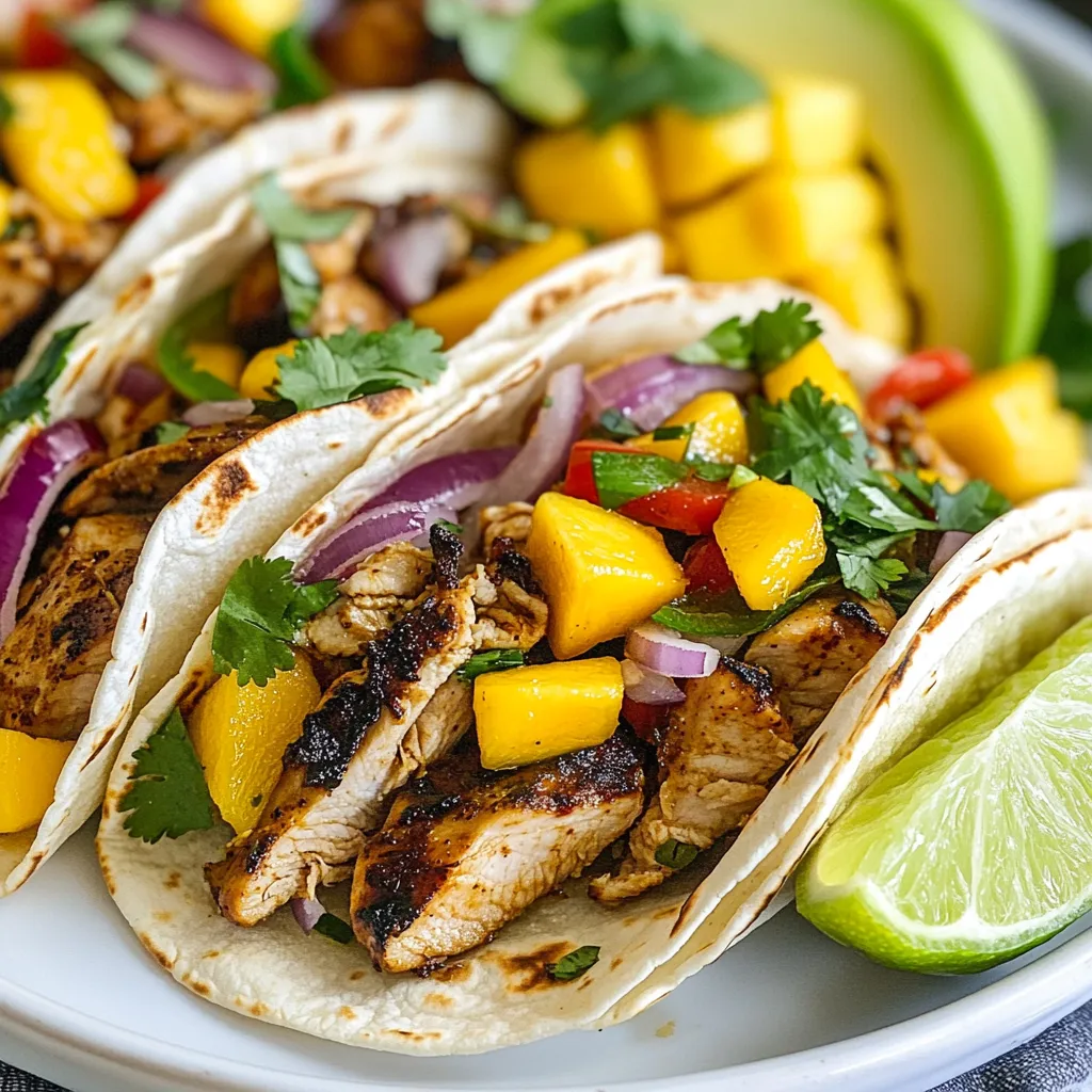 - 1 lb boneless, skinless chicken thighs - 2 tablespoons Jamaican jerk seasoning - 1 mango, diced - 1 small red onion, thinly sliced - 1 red bell pepper, sliced - 8 small corn tortillas - 1 avocado, sliced The main ingredients form the heart of our tacos. Chicken thighs give a rich, juicy flavor. Jamaican jerk seasoning adds a spicy kick. Fresh produce like mango, red onion, and red bell pepper adds crunch and sweetness. Finally, corn tortillas hold everything together. - 2 tablespoons olive oil - 1 teaspoon garlic powder - 1 teaspoon onion powder - 1/2 teaspoon salt - 1/4 teaspoon black pepper Seasoning and marinade make the chicken shine. Olive oil keeps the chicken moist while grilling. Garlic and onion powders give great depth. Salt and black pepper enhance all the flavors. Mix these with the chicken and let it marinate for at least 30 minutes. This step is key for tasty results. - Fresh cilantro - Lime wedges Garnishes are not just for looks; they boost flavor. Fresh cilantro adds a bright note that contrasts with the spice. Lime wedges provide a zesty punch when squeezed over the tacos. Together, they elevate each bite, making your tacos a feast for the senses. {{ingredient_image_1}} To start, you need to combine the chicken with the marinade. In a bowl, mix 1 pound of boneless, skinless chicken thighs with 2 tablespoons of Jamaican jerk seasoning, 2 tablespoons of olive oil, 1 teaspoon of garlic powder, 1 teaspoon of onion powder, 1/2 teaspoon of salt, and 1/4 teaspoon of black pepper. Toss the chicken well until every piece is coated. For best results, marinate the chicken in the fridge for at least 30 minutes. You can also let it sit for up to 2 hours. The longer you marinate, the more flavor it will absorb. Try to plan ahead for deeper taste. Next, preheat your grill or grill pan over medium-high heat. This step is key for getting those beautiful grill marks. Once the grill is hot, remove the chicken from the marinade. Grill the chicken for about 6-7 minutes on each side. You want it to reach an internal temperature of 165°F (75°C). Using a meat thermometer helps you check for doneness. Once grilled, transfer the chicken to a cutting board. Allow it to rest for a few minutes before slicing it into strips. This resting time helps keep the juices inside. Now, it’s time to warm your corn tortillas. Heat a dry skillet over medium heat and warm each tortilla for about 30 seconds on each side. This makes them soft and easy to fold. To build your tacos, layer slices of jerk chicken on each tortilla. Add diced mango, thinly sliced red onion, and red bell pepper on top. Finish off with avocado slices and a sprinkle of fresh cilantro. Don't forget lime wedges on the side! They add a delightful zing to every bite. Choose a good jerk seasoning for your chicken. You want the seasoning to be bold and flavorful. Look for blends with spices like allspice, thyme, and scotch bonnet peppers. If you have allergies, you can make your own mix. Use herbs, spices, and citrus juices. This way, you stay safe while enjoying great taste. Let the chicken marinate for at least 30 minutes. For more flavor, you can let it sit for up to 2 hours. The longer it marinates, the better the taste. Just remember to cover it! To get those perfect grill marks, preheat your grill well. Make sure it is hot before placing the chicken. This helps create those beautiful lines. Place the chicken on the grill and do not move it for the first few minutes. Flip it only when it is ready to release. Using a meat thermometer is key. Check that the chicken reaches 165°F (75°C). This way, you know it is safe to eat. If you do not have one, press the thickest part of the chicken. If the juices run clear, it’s done. Pair your tacos with fresh sides. A light salad or rice works great. The bright flavors of these dishes balance well with the spicy chicken. You can also add grilled corn for a sweet touch. For drinks, try a refreshing beverage. Limeade or a light beer complements the spices. If you want something non-alcoholic, coconut water is a great option. It’s hydrating and tasty! Enjoy your meal with friends and family for a festive feast. Pro Tips Marinate for Maximum Flavor: Allow the chicken to marinate for at least 2 hours, or overnight if possible, to fully absorb the jerk seasoning's bold flavors. Perfect Grill Marks: Ensure your grill is preheated before adding the chicken to achieve those beautiful grill marks and prevent sticking. Warm Tortillas Properly: Warming the tortillas in a dry skillet enhances their flavor and texture, making them more pliable for easy folding. Fresh Ingredients Matter: Use ripe, fresh mango and avocado for the best flavor and creaminess in your tacos, elevating the overall dish. {{image_2}} You can swap out chicken thighs for tofu or shrimp. For tofu, use firm or extra-firm types. Press the tofu to remove extra water, then marinate just like the chicken. Grill it until golden. For shrimp, choose large, peeled shrimp. Toss them with jerk seasoning and grill for just 2-3 minutes per side. Both options offer a tasty twist. Jackfruit is a fantastic substitute for meat in these tacos. It has a similar texture. Use young green jackfruit packed in water or brine. Drain and rinse it, then sauté with the jerk seasoning. You can also consider using other plant-based proteins like lentils or chickpeas. These add protein while keeping the dish flavorful. Adding spices or salsas can elevate your tacos. Try mixing in some cumin or smoked paprika for extra depth. Fresh mango salsa adds sweetness and heat. Just combine diced mango, red onion, jalapeño, and lime juice. This brightens up the dish and adds a refreshing kick. Don't be afraid to experiment with flavors! To store leftover Jamaican jerk chicken tacos, first, let them cool down. Place the chicken and toppings in separate airtight containers. This keeps them fresh and prevents sogginess. You can refrigerate them for up to three days. For longer storage, you can freeze the chicken. Wrap it in plastic wrap and then in foil. This helps to prevent freezer burn. You can freeze the chicken for up to three months. Just remember to label the containers. When you’re ready to enjoy your leftovers, you have a few options. For the best taste, reheat the chicken in the oven. Preheat it to 350°F (175°C). Place the chicken on a baking sheet and cover it with foil. Heat for about 15 minutes or until warm. If you’re in a hurry, use a microwave. Place the chicken in a microwave-safe bowl and cover it. Heat in short bursts, stirring in between. This helps keep it juicy and tasty. Warm the tortillas in a dry skillet for about 30 seconds before serving. Your Jamaican jerk chicken should stay fresh in the fridge for about three days. If you freeze the chicken, it can last up to three months. After that, the quality may drop. Always check for any off smells or changes in color before eating. If you're unsure, it's better to throw it away. Jerk seasoning is a blend of spices from Jamaica. It is famous for its bold flavors. The key ingredients include: - Allspice - Scotch bonnet peppers - Thyme - Garlic - Ginger - Nutmeg This mix gives jerk chicken its spicy and smoky taste. You can find it in stores or make your own at home. Yes, you can make these tacos ahead of time. This helps save time for busy days. Here are some tips: - Marinate the chicken a day before. - Grill the chicken and slice it. - Store it in an airtight container in the fridge. You can warm the chicken and tortillas when ready to eat. Jamaican jerk chicken tacos go well with several sides and drinks. Here are some tasty ideas: - Rice and peas - Grilled corn - Plantains - Tropical fruit salad For drinks, try a cold ginger beer or a fruity rum punch. You can adjust the spice level in your tacos easily. Here’s how: - For milder tacos, use less jerk seasoning. - You can also add honey or sugar to tone down heat. - For spicier tacos, add sliced Scotch bonnet peppers or extra seasoning. Taste as you go to find your perfect heat level. In this blog post, we explored how to make delicious Jamaican Jerk Chicken Tacos. We covered ingredients, marinating, grilling, and serving. You can customize these tacos with different proteins and enhance flavors with various spices. Remember to store leftovers correctly and reheat to enjoy them again. I hope you try these tacos. They promise a burst of flavor that everyone will love. Happy cooking!