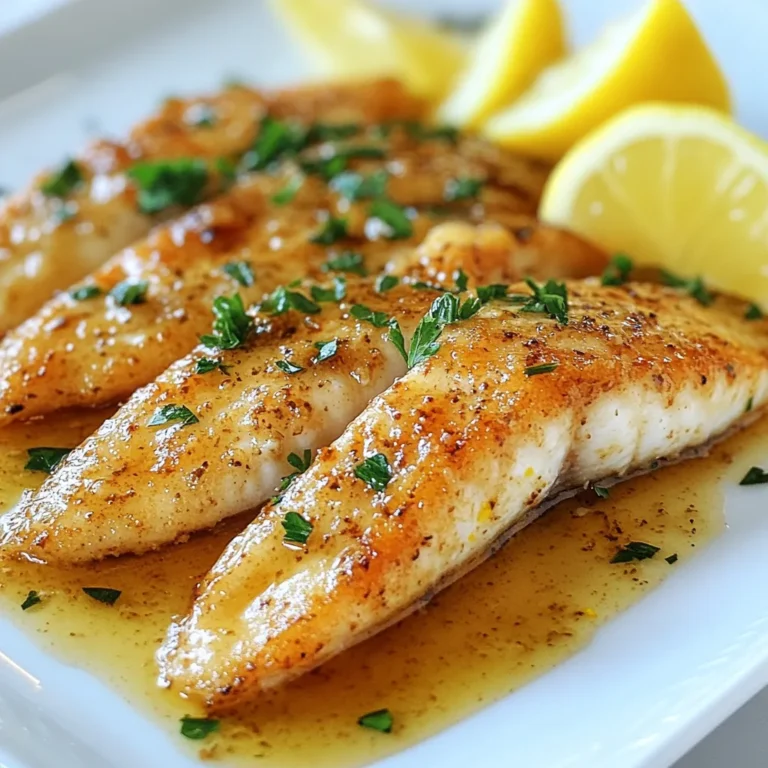 To make garlic butter lemon tilapia, gather these simple items: - 4 tilapia fillets - 4 tablespoons unsalted butter - 4 cloves garlic, minced - Juice of 1 lemon - Zest of 1 lemon - 1 teaspoon dried oregano - 1 teaspoon paprika - Salt and pepper to taste - Fresh parsley, chopped (for garnish) - Lemon wedges (for serving) These ingredients work together to create a tasty, fresh dish. The tilapia fillets are the star, while the garlic and lemon add bright flavors. You can make your dish look even better with these garnishes: - Fresh parsley, chopped - Lemon wedges Adding these will bring color and a burst of flavor. They make the dish inviting and can enhance the taste with every bite. If you don’t have some ingredients, here are swaps you can try: - Use olive oil instead of butter for a lighter version. - Swap tilapia for another mild fish, like cod or haddock. - Try fresh garlic instead of minced for a bolder taste. - Use lime juice and zest if you want a different citrus flavor. These substitutions keep the dish tasty while allowing you to use what you have on hand. {{ingredient_image_1}} 1. Dry the Fish: Begin by patting the tilapia fillets dry. This helps the seasonings stick better. 2. Season the Fillets: Sprinkle salt, pepper, paprika, and oregano on both sides. This adds great flavor. Set the fillets aside while you prepare the sauce. 1. Melt the Butter: In a large skillet, melt the butter over medium heat. Watch it closely so it doesn’t burn. 2. Sauté the Garlic: Add the minced garlic to the butter. Cook for about one minute until it smells good. 3. Add Lemon: Squeeze the lemon juice into the skillet. Stir in the lemon zest. Let it simmer for about two minutes to blend the flavors. 4. Cook the Tilapia: Place the seasoned fillets gently in the skillet. Cook for 3-4 minutes on one side until golden brown. 5. Flip the Fillets: Carefully turn the fillets with a spatula. Cook for another 3-4 minutes until they flake easily with a fork. 6. Coat with Sauce: Remove the skillet from heat. Spoon the garlic butter sauce over the tilapia to coat it well. - Garnish: Top the fish with freshly chopped parsley. This adds color and taste. - Add Lemon Wedges: Serve with lemon wedges on the side. They give a zesty kick when squeezed over the fish. Enjoy your meal! To avoid overcooking tilapia, watch the time closely. Cook each side for 3-4 minutes. The fish should flake easily when it’s done. If you cook too long, the fish will be dry. Always use a fork to check for doneness. If it flakes with little effort, it’s ready to eat. Remember, fish continues to cook after you take it off the heat. Sautéing garlic is simple but needs care. Start with medium heat to melt the butter. Add the minced garlic, stirring for about one minute. Look for a light golden color. If it turns dark, it’s burnt. Burnt garlic tastes bitter, ruining your dish. Keep your eyes on the skillet and stir often. This helps release the garlic’s best flavor. Fresh herbs can make your dish pop. Use chopped parsley as a garnish for color and taste. You might also try fresh basil or cilantro if you want to mix things up. Adding herbs at the end keeps their bright flavor. Just sprinkle them on top right before serving. This small touch can change a good meal into a great one! Pro Tips Pat Dry for Perfect Sear: Always pat the tilapia fillets dry before seasoning. This helps achieve a golden and crispy sear. Use Fresh Garlic: Freshly minced garlic will provide a more vibrant flavor compared to pre-minced or powdered garlic. Don't Overcook the Fish: Tilapia cooks quickly, so keep an eye on it. It's done when it flakes easily with a fork. Flavor Boost with Lemon Zest: Don’t skip the lemon zest; it adds an extra layer of citrus flavor that brightens the dish. {{image_2}} You can use other fish if you like. Cod, sole, or trout work well. Each fish has its own taste. Cod is mild, while trout has a richer flavor. Just adjust the cook time. Thicker fish may need a bit longer. Keep an eye on it to avoid overcooking. Adding veggies can boost flavor and nutrition. Zucchini, bell peppers, or spinach fit well. Sauté them in the garlic butter before adding the fish. You can also roast them alongside the tilapia. This adds color and taste. Plus, it makes the meal more filling. You can easily modify this dish for various diets. For a low-carb diet, skip the butter and use olive oil. If you want a dairy-free option, try coconut oil instead. You can also use gluten-free seasoning. Always check the labels to ensure they fit your diet. These options keep the dish tasty and healthy. To store your garlic butter lemon tilapia, let it cool first. Place the fillets in an airtight container. This keeps the fish fresh. Make sure to cover it well. Store it in the fridge for up to three days. If you have more leftovers, consider freezing them. When ready to eat, you can reheat the tilapia. Use a skillet for the best results. Heat a bit of butter over low heat. Add the fish and warm it for about 3-5 minutes. This keeps the fish moist. You can also use a microwave. Heat it in short bursts to avoid drying it out. To freeze garlic butter lemon tilapia, first cool it completely. Wrap each fillet tightly in plastic wrap. Then place them in a freezer bag. Squeeze out as much air as possible. This helps prevent freezer burn. You can freeze the fish for up to two months. When ready to cook, thaw it in the fridge overnight before reheating. The best way to season tilapia is simple and fresh. I like to use salt, pepper, and paprika. Dried oregano adds a nice touch, too. You can also add lemon zest for a bright flavor. This mix brings out the fish's natural taste without overpowering it. You should cook tilapia for about 6 to 8 minutes on the stovetop. First, cook one side for 3 to 4 minutes until it turns golden brown. Then, flip it over gently and cook for another 3 to 4 minutes. The fish is done when it flakes easily with a fork. Yes, you can use frozen tilapia fillets! Just thaw them first in the fridge or under cold water. Make sure to pat them dry before seasoning. This helps the spices stick and ensures even cooking. Using frozen fish is a great way to save time while cooking. In this article, we explored the key ingredients for a delicious garlic butter lemon tilapia. You learned step-by-step how to prepare and cook it perfectly. We shared tips to avoid overcooking and enhance flavor. You also discovered variations and storage tips for leftovers. Remember, with easy swaps and fresh herbs, you can make this dish your own. Enjoy the taste and versatility of tilapia!