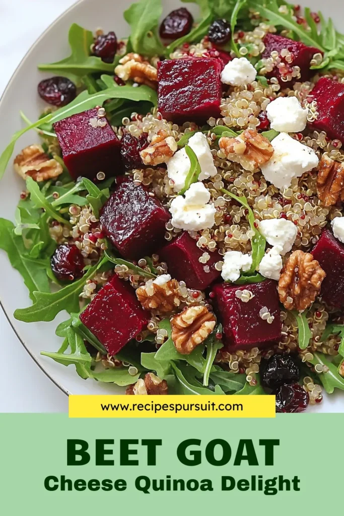 Discover the perfect roasted beet salad that combines nutritious quinoa, creamy goat cheese, and peppery arugula. This delicious quinoa salad recipe is a healthy salad you can enjoy any day of the week. With roasted beets, walnuts, and cranberries, it's a colorful and flavorful dish that will impress your guests. Try this goat cheese salad today! Save the recipe for later and make your meals healthier. #QuinoaSaladRecipes #HealthySaladRecipes #ArugulaBeetSalad #GoatCheeseSalad