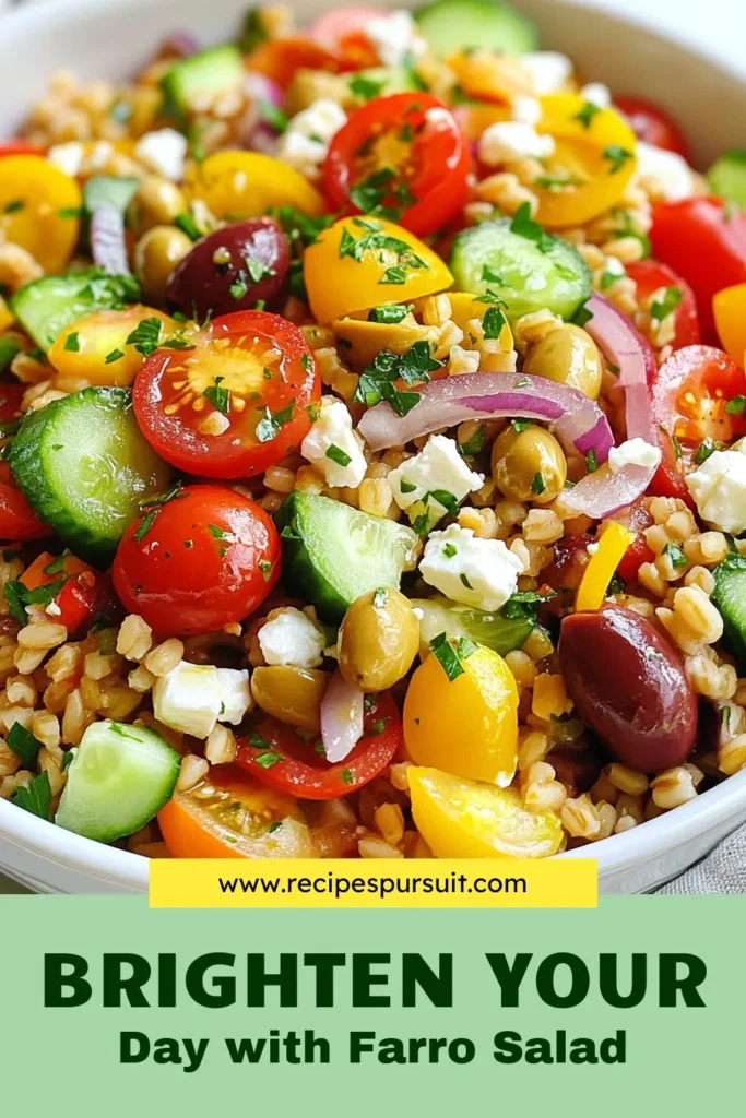 Discover a delicious Mediterranean farro salad that’s perfect for your healthy lifestyle! This easy vegetarian salad combines nutty farro with fresh veggies, tangy feta, and Kalamata olives, making it one of the best healthy farro recipes. Perfect for Mediterranean diet salads, it's a delightful dish that can be enjoyed as a side or main dish. Try this recipe today and elevate your meals! Save this Mediterranean farro salad for your next cooking adventure! #healthyfarrorecipes #farrosaladwithfeta #Mediterraneandiets #easyvegetariansalads