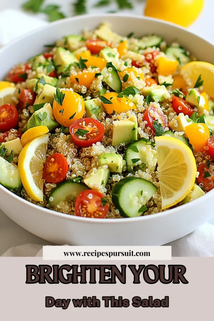 Brighten up your meals with this delicious Lemon Garlic Quinoa Salad! Perfect for summer, this healthy quinoa salad recipe combines fresh ingredients like cucumber, cherry tomatoes, and avocado for a refreshing summer salad. Enjoy this easy quinoa salad recipe that’s packed with flavor in every bite. Try this quinoa and avocado salad today and elevate your dining experience! Save this recipe for later! #HealthyEats #QuinoaSalad #SummerRecipes #SaladLovers