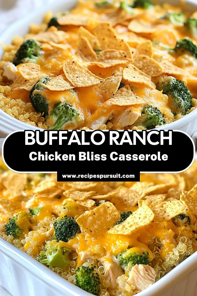 Discover the deliciousness of Buffalo Ranch Chicken Casserole! This easy chicken casserole recipe combines tender shredded chicken, quinoa, and a mix of spicy buffalo sauce and creamy ranch dressing. Our cheesy buffalo chicken bake is perfect for weeknight dinners. Enjoy a satisfying quinoa buffalo chicken recipe that your family will love. Try it today and save this recipe for your next meal! #BuffaloChickenCasserole #RanchChickenCasserole #EasyCasserole #CheesyBuffaloChicken