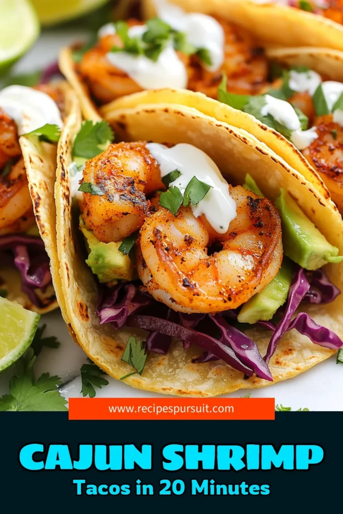 Craving something delicious and easy? These Cajun shrimp tacos are your answer! This shrimp taco recipe features tender, spicy shrimp cooked to perfection, wrapped in warm corn tortilla tacos. In just 20 minutes, you can create tasty and easy shrimp tacos that your family will love. Top with crunchy cabbage, creamy avocado, and a squeeze of lime for the perfect meal. Save this recipe and get cooking now! #CajunShrimpTacos #SpicyShrimpTacos #EasyShrimpTacos #ShrimpTacoRecipe