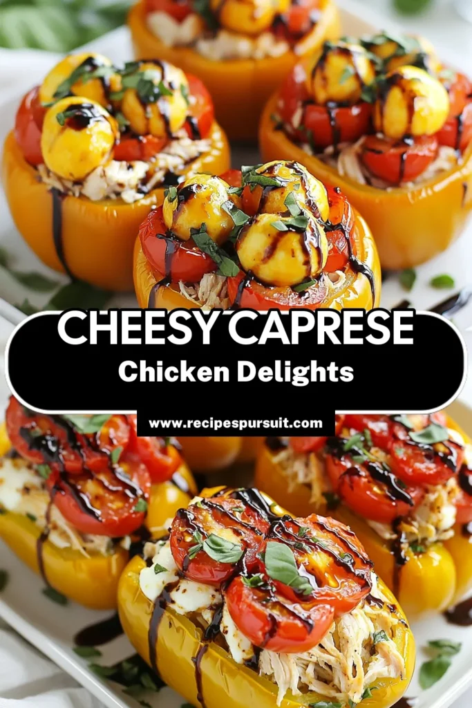 Looking for a delicious and healthy dinner? Try these Caprese chicken stuffed peppers! This easy stuffed pepper recipe features mozzarella stuffed peppers that combine shredded chicken, fresh basil, and cherry tomatoes for a flavor-packed meal. Perfect for a baked bell peppers dish, this recipe takes just 50 minutes. Your family will love how simple and satisfying it is! Save this healthy chicken recipe for later. #CapreseChickenStuffedPeppers #HealthyRecipes #StuffedPeppers #DinnerIdeas