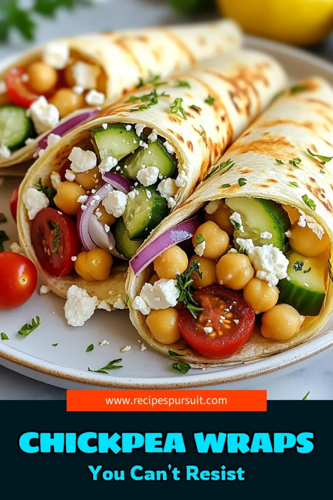 Discover the deliciousness of Greek Chickpea Wraps and elevate your lunchtime with this healthy chickpea recipe! Perfect for a quick healthy meal, these Mediterranean wraps are packed with flavor and nutrition, making them ideal vegetarian lunch ideas. With chickpeas, fresh veggies, and zesty dressing, you'll love how easy and tasty they are. Try this Mediterranean wrap recipe today! Save and share your new favorite! #GreekChickpeaWraps #HealthyChickpeaRecipe #QuickHealthyMeals #VegetarianLunchIdeas