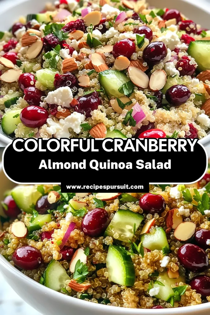 Savor the deliciousness of this Cranberry Almond Quinoa Salad! Packed with nutrients, this healthy quinoa salad recipe is perfect for meal prep or a light lunch. With tart cranberries, crunchy almonds, and a Mediterranean twist, this quinoa salad with cranberries is both refreshing and satisfying. Try this quinoa salad with almonds today and elevate your salad game. Save it now for a flavorful dish! #QuinoaSalad #HealthyEating #MediterraneanDiet #SaladRecipe