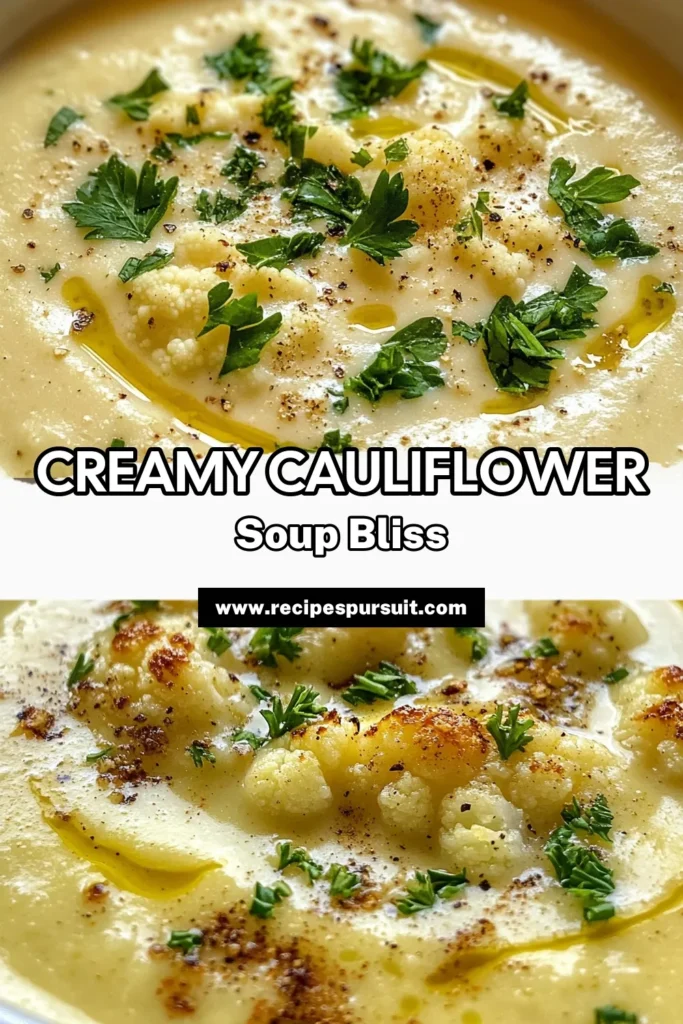 Discover the deliciousness of creamy cauliflower soup with this easy roasted cauliflower soup recipe! Perfect as a vegan cauliflower soup, it features rich coconut milk for a healthy touch. This cozy soup is not only comforting but also packed with flavor and nutrients. Whip it up for a wholesome meal that everyone will love. Try this healthy soup recipe today and enjoy a warm bowl of goodness! Save it for later! #CreamyCauliflowerSoup #VeganSoup #HealthyRecipes #CauliflowerSoup