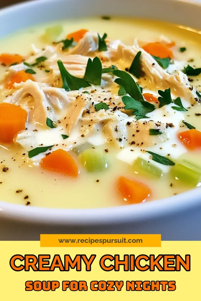 Warm up with this delicious Creamy Garlic Chicken Soup that combines tender chicken and flavorful herbs in a silky broth. This easy chicken soup is not just a comfort food soup, but also a healthy chicken soup option that is perfect for any day. Follow our simple Herb Chicken Soup recipe to create a satisfying meal that everyone will love. Save this recipe for future cozy nights! #CreamyGarlicChickenSoup #ComfortFood #HealthyChickenSoup #EasyChickenSoup