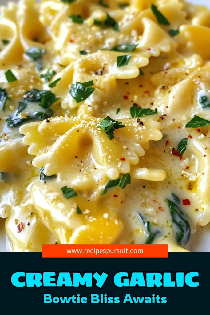 Indulge in this creamy garlic pasta recipe that features delicious bowtie pasta with cream, creating the perfect easy garlic pasta dish. With garlic parmesan pasta flavor and a touch of fresh spinach, this spinach bowtie pasta recipe is a must-try. Ready in just 25 minutes, it’s perfect for weeknight dinners. Click to save this delightful recipe and surprise your taste buds tonight! #PastaRecipe #GarlicPasta #ComfortFood #WeeknightDinner