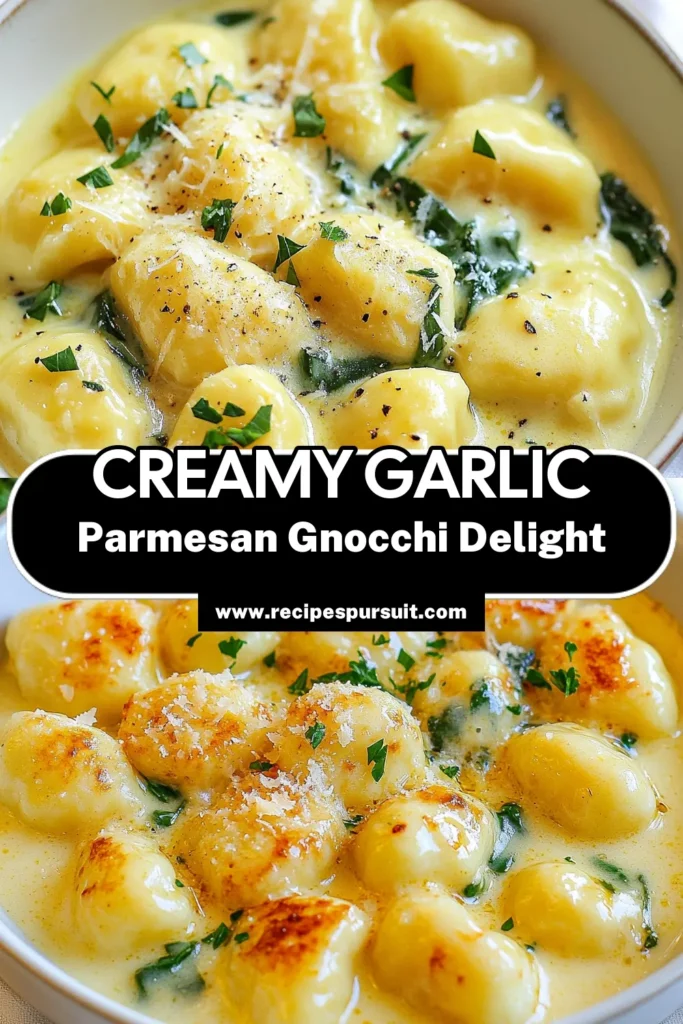 Indulge in this Creamy Garlic Parmesan Gnocchi, the perfect Easy Gnocchi Recipe for busy weeknights! With a rich homemade gnocchi sauce made from butter, garlic, and creamy Parmesan, this Italian Garlic Butter Gnocchi creates an unforgettable dining experience. Ready in just 20 minutes, it’s a fantastic choice for Quick Dinner Recipes. Save this recipe for an easy meal that everyone will love! #Gnocchi #ItalianRecipe #QuickDinner #EasyRecipes