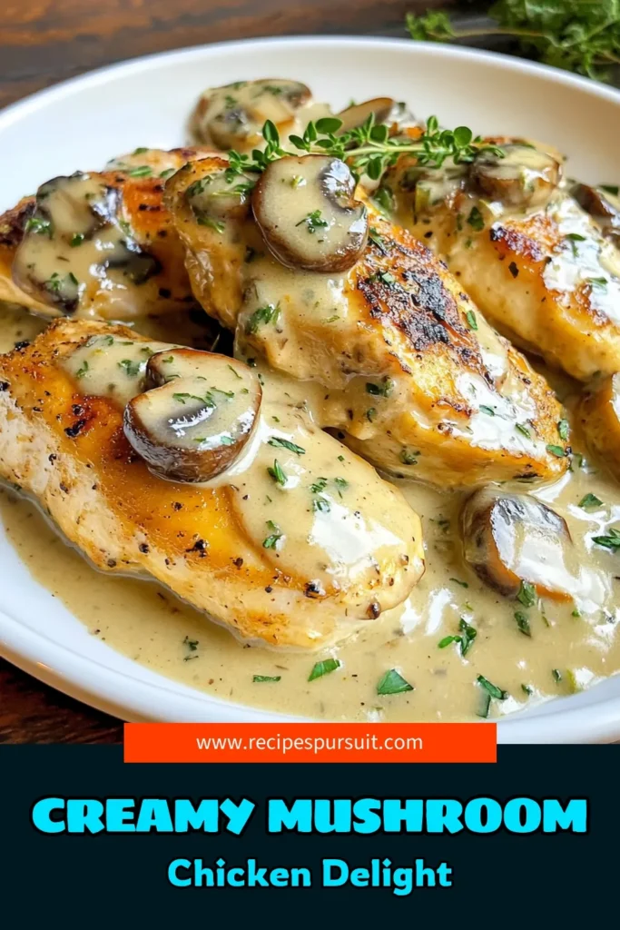 Indulge in this Creamy Mushroom Thyme Chicken, an easy chicken dinner that will wow your taste buds! This thyme chicken recipe features juicy boneless chicken breasts smothered in a rich creamy mushroom sauce recipe, perfect for busy weeknights. With just a few ingredients and 30 minutes, you can create a comforting meal everyone will love. Save this recipe for your next dinner! #CreamyMushroomChicken #ThymeChickenRecipe #EasyChickenDinner #BonelessChickenBreastsRecipe