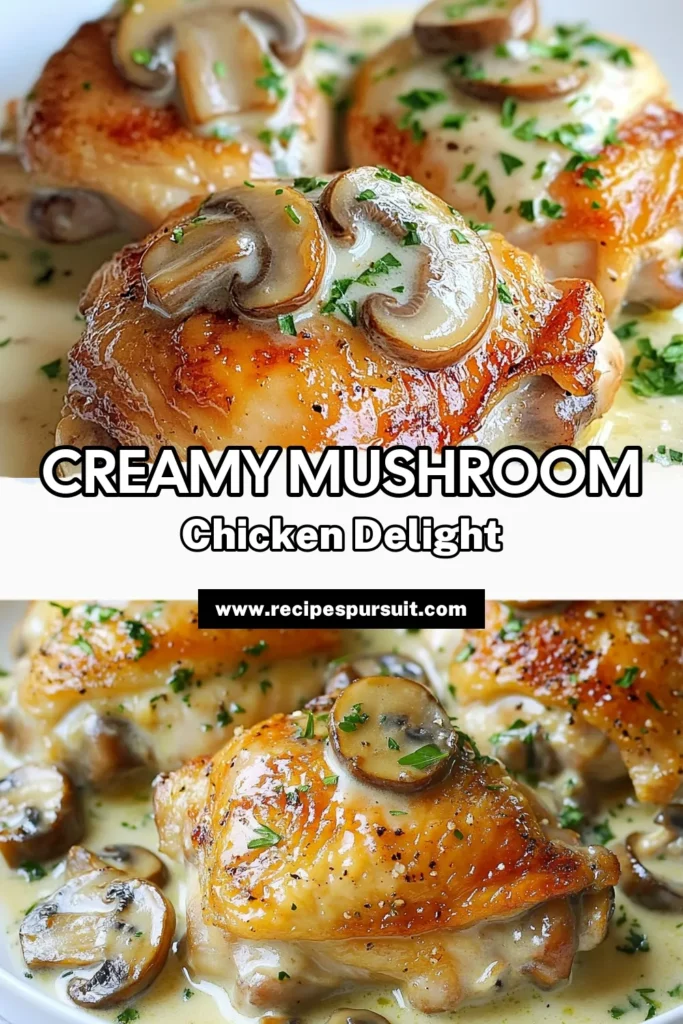 Indulge in this delicious creamy mushroom chicken thighs recipe, perfect for a cozy dinner. This easy creamy chicken recipe features tender chicken thighs simmered in a rich mushroom sauce, making it a delightful one skillet chicken dish. Ready in just 45 minutes, this mushroom chicken dinner is sure to impress! Try this recipe tonight and savor the flavors. Save for your next meal idea! #CreamyMushroomChickenThighs #ChickenThighsRecipe #EasyCreamyChickenRecipe #OneSkilletChickenDish