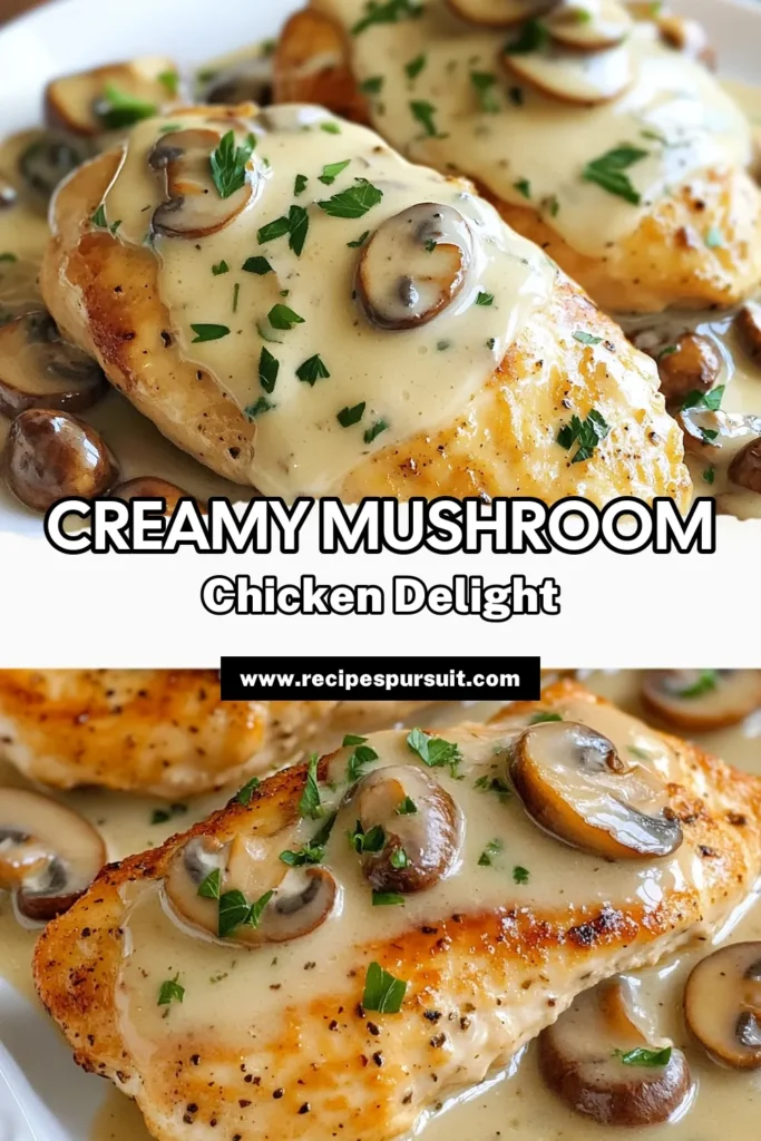Indulge in this Creamy Parmesan Mushroom Chicken, the perfect easy chicken dinner recipe for busy nights! This delightful Chicken with Mushroom Sauce combines tender chicken breasts with a rich, comforting sauce that will make everyone ask for seconds. Enjoy this one-pan chicken parmesan dish that's quick to prepare and packed with flavor. Ready in just 30 minutes, it’s a must-try comfort food recipe! Save this recipe for later and impress your family! #ChickenDinner #MushroomRecipes #ComfortFood #EasyRecipes