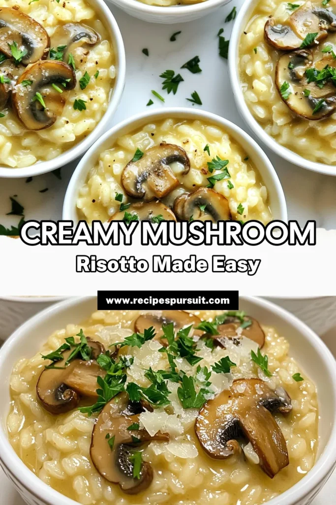 Discover the ultimate Creamy Mushroom Risotto recipe that's sure to impress! This easy risotto recipe features Arborio rice and creamy textures for a delightful vegetarian risotto with cream. Perfectly prepared with mushrooms and rich flavors, it’s a homemade mushroom risotto that you can whip up in just 30 minutes. Ready to elevate your cooking? Try it today! #MushroomRisotto #EasyRecipes #VegetarianCooking #ComfortFood