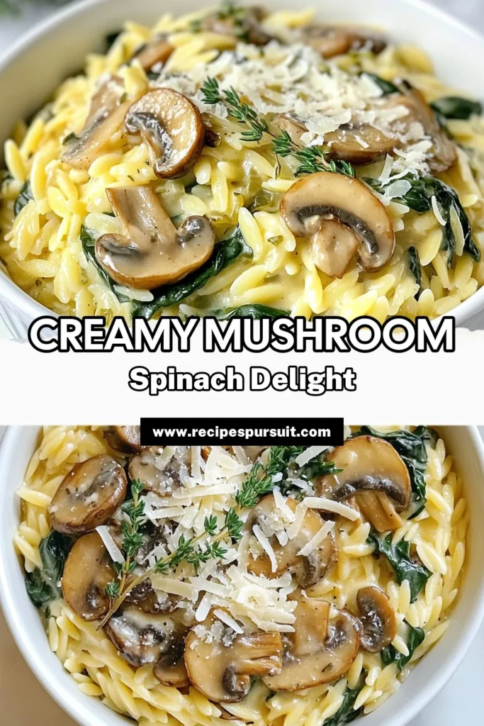 Discover the ultimate comfort dish with this creamy mushroom spinach orzo! This easy orzo pasta dish combines flavorful cremini mushrooms and fresh spinach for a delicious vegetarian meal. Perfect for weeknight dinners, this one pot mushroom orzo is a must-try in your kitchen. Enjoy creamy pasta with spinach that’s both satisfying and quick to prepare. Save this recipe for a delightful culinary experience! #VegetarianOrzoRecipes #EasyOrzoPastaDish #CreamyPastaWithSpinach #OnePotMushroomOrzo