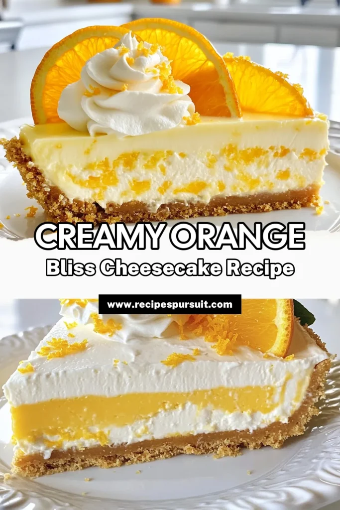 Indulge in the refreshing taste of Orange Creamsicle Cheesecake! This creamy orange dessert recipe combines luscious cream cheese and Greek yogurt, infused with orange zest for a delicious twist. Perfect for warm days, this no-bake orange cheesecake is easy to make and will impress your guests. Try this delightful cheesecake and savor every bite! Pin this recipe now for your next gathering! #OrangeCreamsicleCheesecake #NoBakeCheesecake #CreamyDessert #GreekYogurtCheesecake