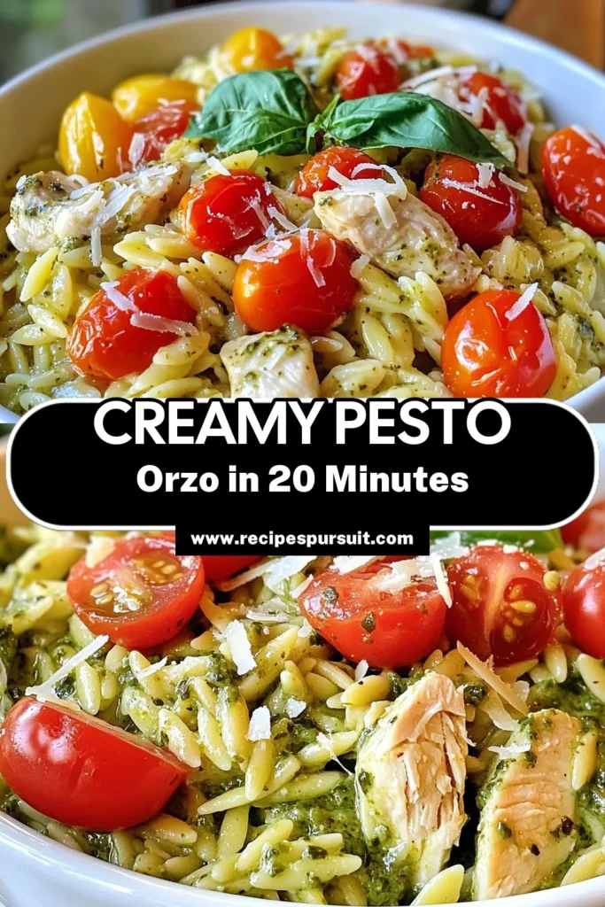 Enjoy a deliciously simple meal with this Creamy Pesto Orzo with Chicken recipe! This Easy Pesto Recipe combines tender orzo pasta with succulent chicken in a rich basil pesto sauce. Perfect for a One-Pot Chicken Dinner, it's quick to make in just 20 minutes. Serve this Basil Pesto Pasta Recipe with fresh cherry tomatoes and Parmesan for a delightful dish everyone will love! Save this recipe for a hassle-free weeknight meal! #CreamyPestoOrzo #OrzoPastaWithChicken #EasyPestoRecipes #OnePotDinner
