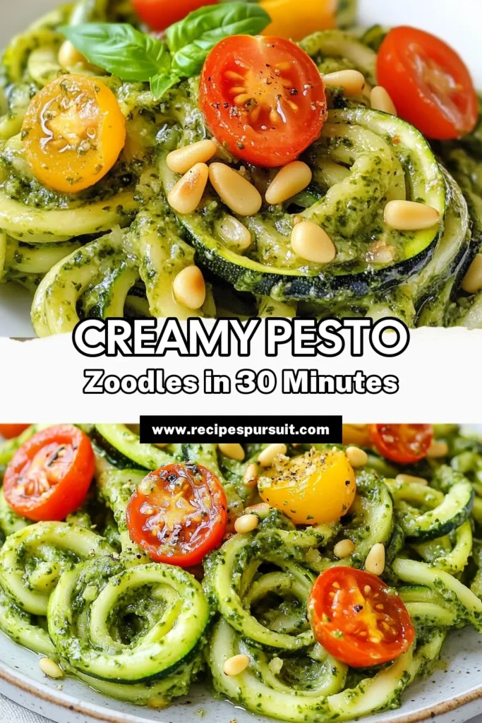 Discover this delicious creamy pesto zucchini noodles recipe, a perfect healthy pasta alternative that's easy to make! Using spiralized zucchini and a dairy-free pesto sauce, this dish is packed with flavor and nutrients. Whip up this vibrant zucchini noodle recipe in just 30 minutes and impress your family at dinner. Save this recipe for a quick and nutritious meal any day! #CreamyPestoZucchiniNoodles #HealthyPasta #DairyFreePesto #ZucchiniNoodleRecipes