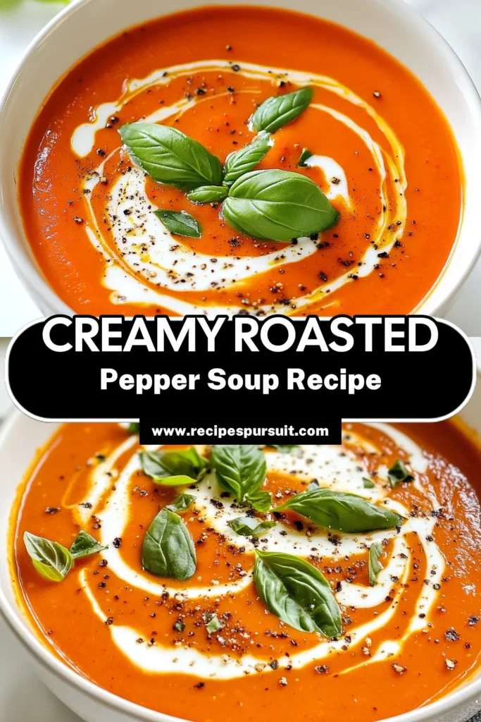 Warm up with this delicious roasted red pepper tomato soup! This creamy tomato soup recipe blends roasted bell peppers and wholesome ingredients for an easy tomato soup with cream that's perfect for any occasion. Honor your taste buds with this homemade vegetable soup recipe that’s simple to make and rich in flavor. Save this recipe today and enjoy a comforting bowl! #RoastedRedPepperTomatoSoup #CreamyTomatoSoup #EasyTomatoSoup #HomemadeVegetableSoup