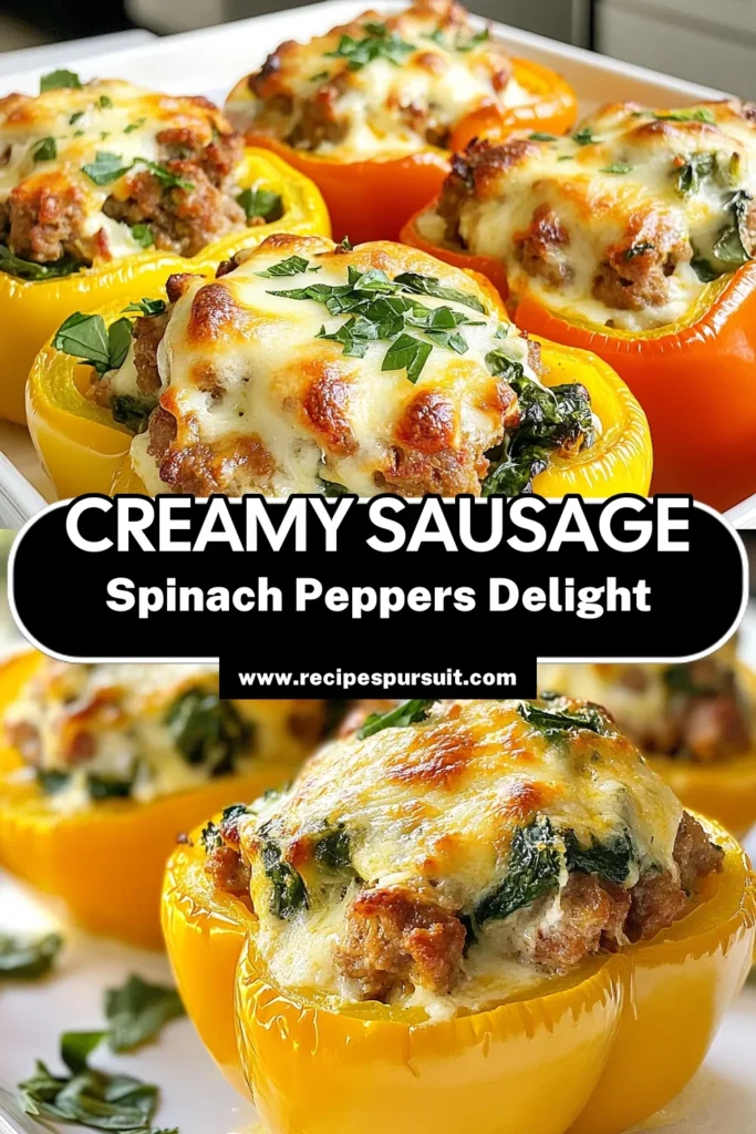 Delight in these creamy stuffed peppers filled with a savory spinach sausage blend. These spinach sausage stuffed peppers make a perfect weeknight dinner and are a hit for gatherings. Packed with ricotta cheese, these Italian sausage recipes are sure to impress! Discover how to make these delicious baked stuffed bell peppers that everyone will love. Try this recipe tonight! Save for later! #StuffedPeppers #ItalianRecipes #SausageRecipes #HealthyCooking