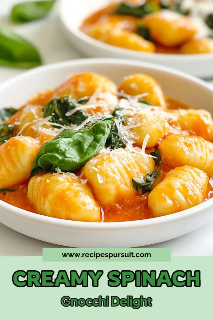 Discover the deliciousness of creamy tomato spinach gnocchi with this easy gnocchi recipe! This vegetarian gnocchi dish combines tender potato gnocchi with a rich creamy tomato pasta sauce and fresh spinach. Perfect for a weekday dinner, this spinach and tomato recipe is quick to prepare in just 30 minutes. Save this recipe for an effortlessly satisfying meal. Try it today! #GnocchiRecipe #VegetarianDishes #PastaLovers #EasyRecipes