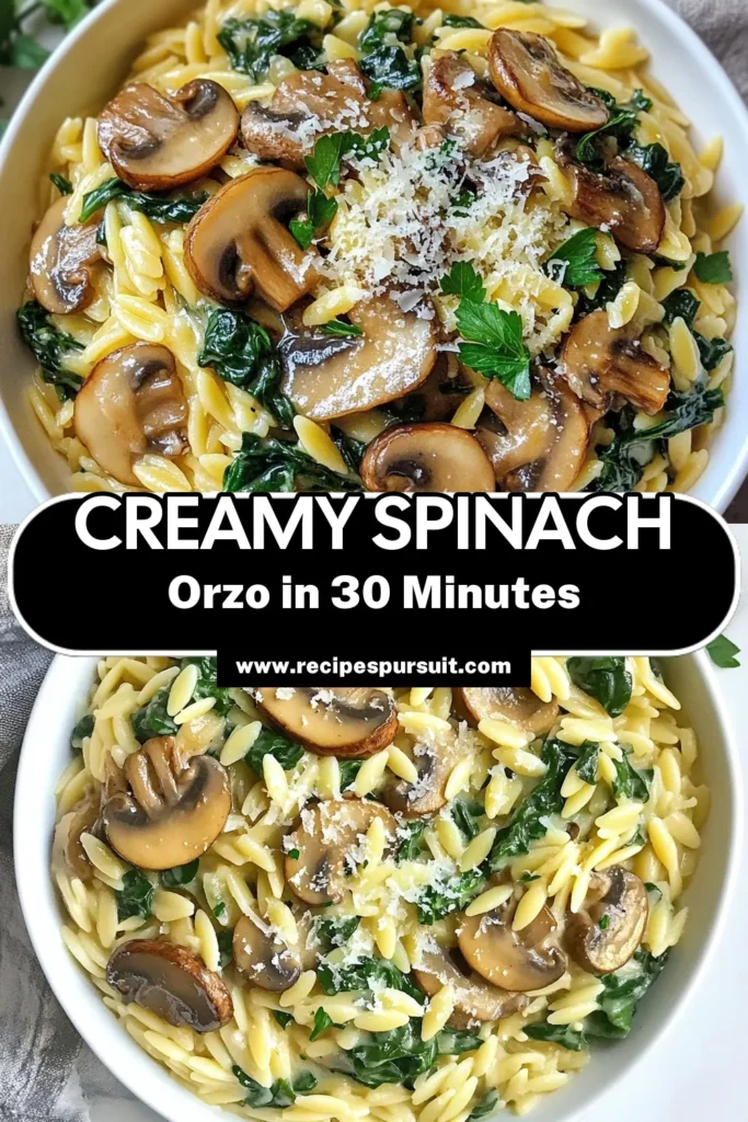 Savor the deliciousness of creamy mushroom spinach orzo, a perfect blend of flavors in an easy orzo recipe. This vegetarian orzo dish is cooked in one pot, making it a hassle-free weeknight meal. With sautéed mushrooms and fresh spinach, this orzo with spinach and mushrooms is rich, creamy, and utterly satisfying. Try this recipe today and enjoy a quick, hearty dinner. Save for later and share with fellow food lovers! #VegetarianRecipes #PastaLovers #OrzoRecipes #OnePotPasta