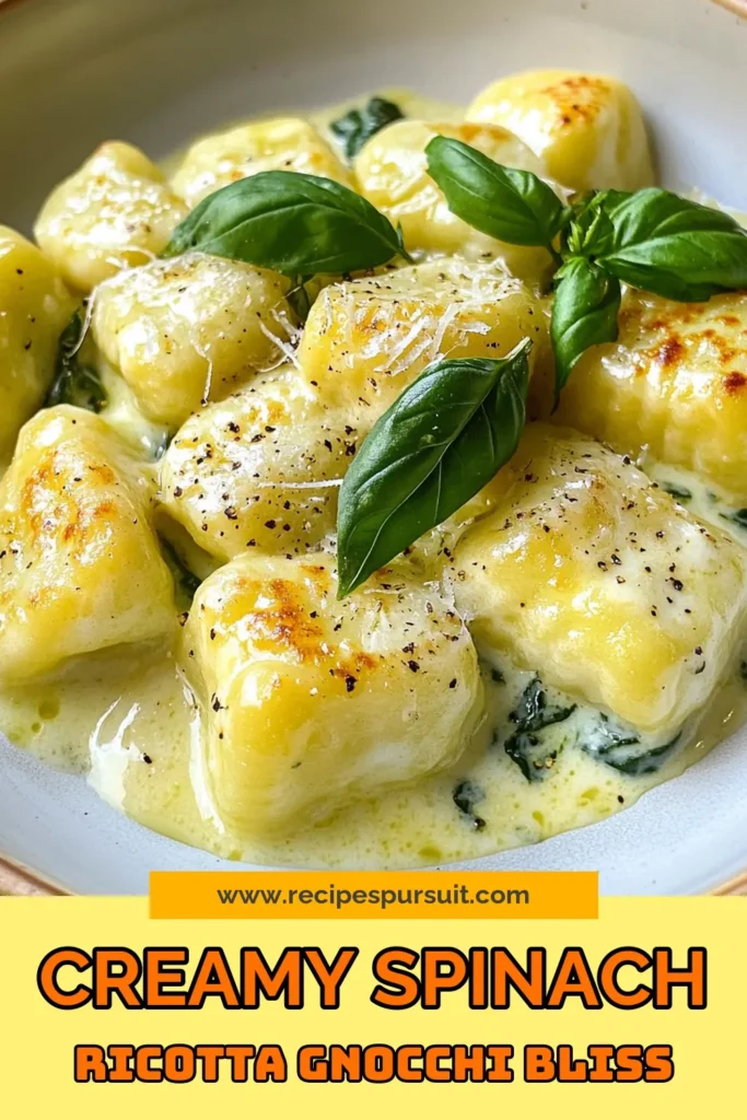 Elevate your dinner with this creamy spinach gnocchi recipe. This homemade gnocchi with spinach features rich ricotta cheese and a velvety cream sauce, making it the perfect spinach ricotta pasta dish for any occasion. Perfectly easy and delicious, this creamy gnocchi with cheese is sure to impress. Click for the full recipe, save it for later, and enjoy a comforting meal tonight! #SpinachGnocchi #RicottaRecipes #HomemadeGnocchi #CreamyPastaDish