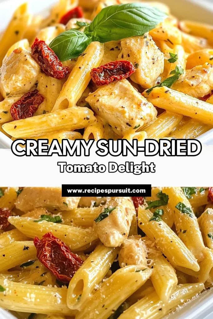 Indulge in this creamy sun-dried tomato chicken pasta recipe that transforms dinner into a delightful experience. This penne pasta recipe combines tender chicken and flavorful sun-dried tomatoes in a rich, creamy sauce. Perfect for weeknight meals, this easy creamy pasta recipe will impress your family or guests. Make this Italian chicken pasta dinner tonight and savor every bite! Save this recipe for a taste sensation. #CreamyPasta #ItalianDinner #EasyRecipes #PastaLove