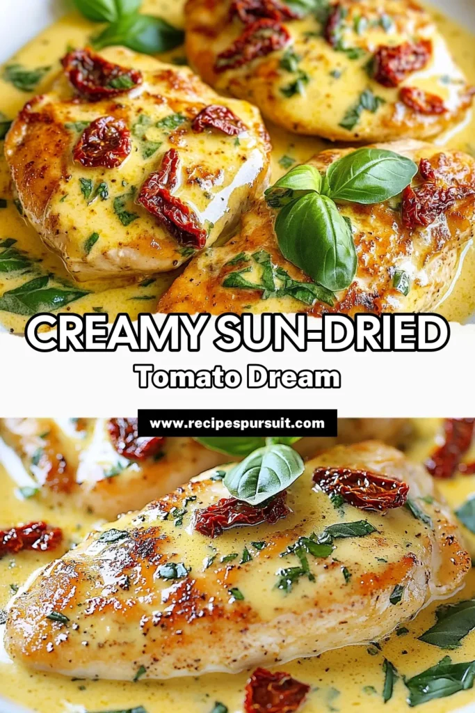 Looking for an easy chicken dinner recipe? Try this creamy sun-dried tomato chicken that will impress your family and friends! This delicious dish features tender chicken breasts smothered in a rich sun-dried tomato sauce, made with heavy cream and Parmesan cheese. Perfect for a quick weeknight meal or special occasion, it pairs beautifully with pasta or rice. Save this creamy chicken pasta recipe for your next dinner! #ChickenDinner #EasyRecipes #SunDriedTomato #PastaRecipes