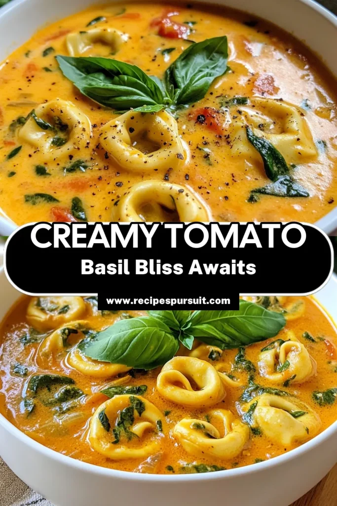 Warm up with this delicious Creamy Tomato Basil Tortellini Soup, a perfect comfort food soup recipe that’s also vegetarian! This easy tortellini soup features rich flavors from garlic, fresh basil, and creamy goodness that will delight your taste buds. Follow this simple tomato basil soup recipe for a hearty meal ready in just 30 minutes. Save this recipe for your cozy nights! #TortelliniSoup #VegetarianRecipes #ComfortFood #SoupLovers