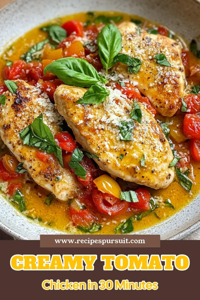 Indulge in this creamy tomato basil chicken skillet that transforms an easy chicken dinner into a delightful experience. This skillet chicken recipe features juicy chicken breasts simmered in a luscious tomato basil sauce, perfect for quick creamy chicken dish lovers. In just 30 minutes, you can create a satisfying meal that's sure to impress. Try this recipe tonight! #CreamyTomatoBasilChicken #EasyChickenDinner #SkilletRecipe #QuickDinnerIdeas