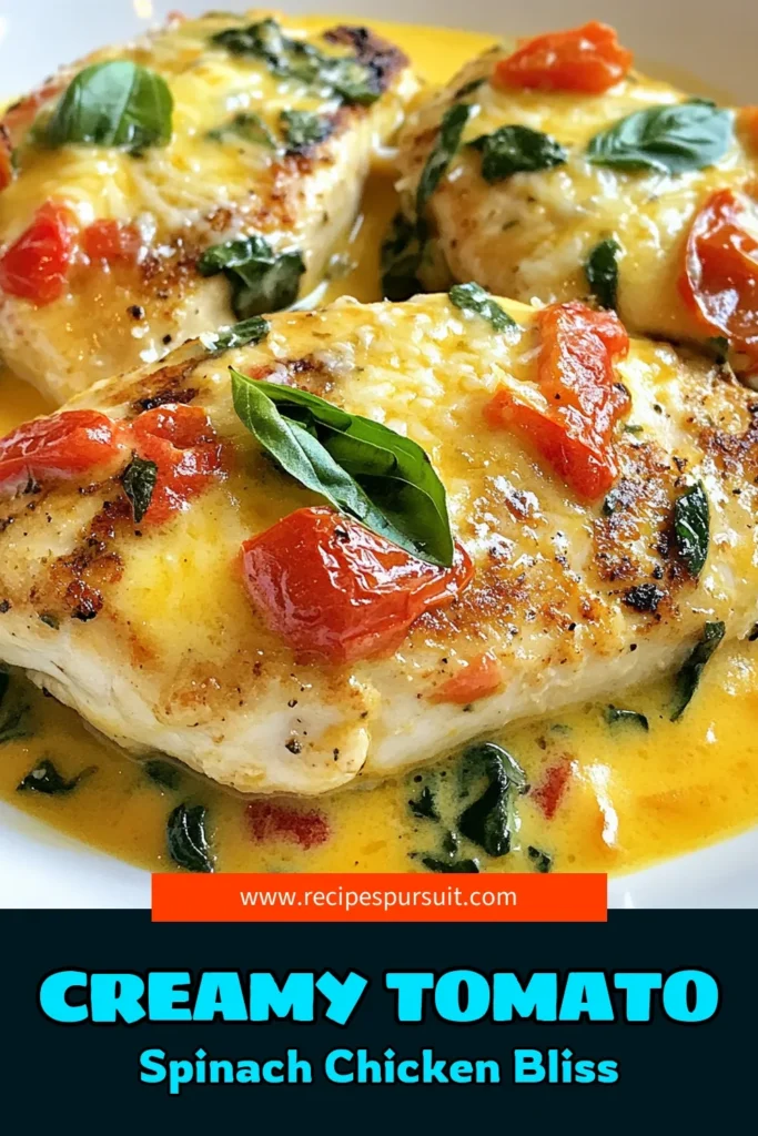 Discover the deliciousness of creamy tomato spinach chicken, an easy creamy chicken dish that will wow your family! This chicken breast recipe features tender chicken simmered in a rich cream sauce with fresh spinach and juicy tomatoes. Perfect for busy weeknights, this spinach and tomato recipe is a must-try among Italian chicken recipes. Don't wait! Click to save this recipe now! #CreamyChicken #EasyDinner #ChickenRecipe #ItalianRecipes