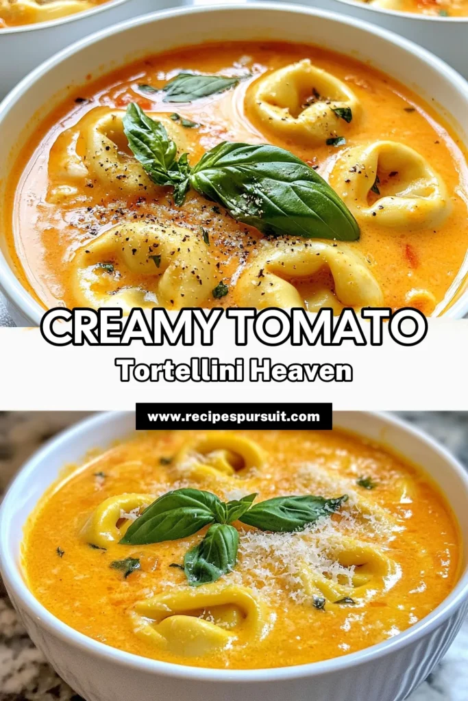 Indulge in this delicious Creamy Tomato Tortellini Soup, the ultimate easy tortellini soup recipe perfect for any night! This vegetarian tomato soup is not only quick to prepare but also a heartwarming comfort food. Enjoy homemade tomato soup with tortellini that's creamy, flavorful, and garnished with fresh basil and Parmesan. Discover the joy of cooking this effortless dish today! Save this recipe for your next meal. #CreamyTomatoTortelliniSoup #EasyTortelliniSoupRecipe #QuickComfortFoodSoup #VegetarianTomatoSoup