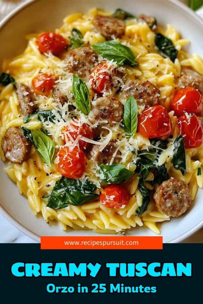 Discover the deliciousness of Creamy Tuscan Orzo with Sausage, a delightful Tuscan pasta recipe that combines tender orzo with savory Italian sausage. This creamy orzo dish features fresh spinach and cherry tomatoes, making it perfect for any meal. Ready in just 25 minutes, it’s a family favorite. Try this easy Orzo with Sausage tonight! Save for later! #CreamyTuscanOrzo #OrzoWithSausage #ItalianSausagePasta #TuscanPastaRecipe