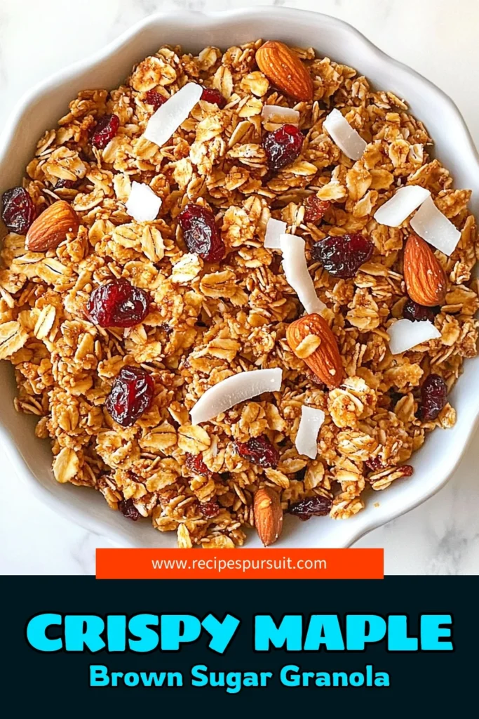 Indulge in the deliciousness of homemade granola with my Maple Brown Sugar Granola recipe! This easy granola recipe combines rolled oats, nuts, and dried fruit for a healthy granola with nuts that’s perfect for breakfast or a snack. The sweet blend of maple syrup and brown sugar makes it irresistible. Try this simple recipe today and elevate your mornings! Save and click for the full recipe now! #GranolaRecipe #HealthySnacks #HomemadeGranola #BreakfastIdeas