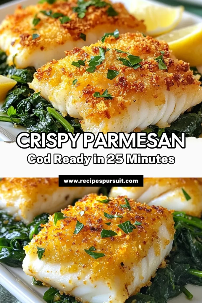 Looking for a quick and delicious seafood dinner? Try this easy Parmesan crusted cod recipe! These baked cod fillets are coated in a crunchy Panko breadcrumb mixture and luscious Parmesan cheese, making for a healthy and satisfying meal. Perfect for any night of the week, this dish not only tastes great, but it's also simple to prepare. Save this recipe now for a delightful dinner! #ParmesanCrustedCod #PankoBreadcrumbRecipes #HealthyDinner #EasySeafoodDinner