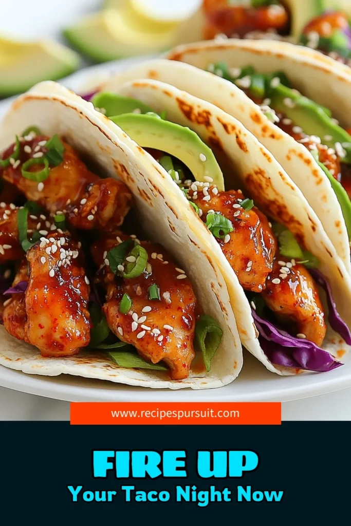 Savor the fusion of flavors with Spicy Korean Chicken Tacos! This gochujang chicken recipe brings the bold taste of Korean street tacos right to your kitchen. Quick and easy, these tacos are perfect for dinner or a fun gathering. Marinated chicken, fresh avocado, and crunchy cabbage come together in these delicious fusion taco ideas. Try this easy taco recipe today and elevate your taco night! Save this recipe for later! #SpicyKoreanChickenTacos #KoreanStreetTacos #EasyTacoRecipes #FusionTacoIdeas