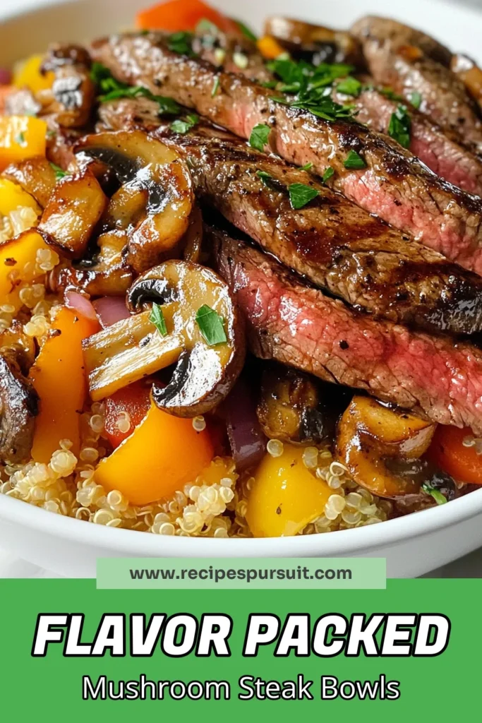 Discover the deliciousness of Balsamic Mushroom Steak Bowls—a satisfying Flank Steak Recipe perfect for a healthy dinner! These Easy Balsamic Glaze Recipe bowls feature tender steak, sautéed mushrooms, and colorful veggies over quinoa. Ideal for meal prepping or impressing guests, this nutritious Quinoa Steak Bowl is a must-try. Save this recipe for a quick and tasty dinner option! #HealthyDinnerBowls #SteakBowl #BalsamicMushroom #EasyRecipes