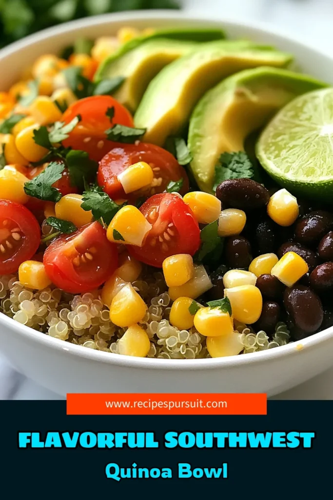 Savor the flavors of our delicious Southwest Black Bean Quinoa Bowl! This healthy quinoa bowl is perfect for vegetarian meal prep and is an easy quinoa salad to make. Packed with protein-rich black beans, vibrant veggies, and wholesome quinoa, it's a nutritious delight. Enjoy it as a quick lunch or dinner. Click to save this black bean quinoa recipe for a flavorful, satisfying meal that everyone will love! #SouthwestQuinoaBowl #VegetarianMealPrep #HealthyQuinoaBowl #EasyQuinoaSalad