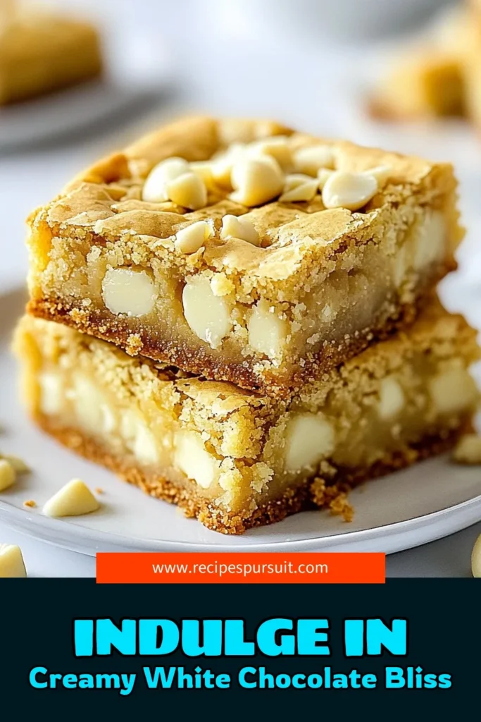 Indulge in these easy white chocolate macadamia blondies, the perfect decadent dessert bars for any occasion. This simple blondie recipe features creamy white chocolate chips and crunchy macadamia nuts for a delightful treat. Bake a batch of these white chocolate dessert recipes today, and elevate your snack game! Save this recipe for your next kitchen adventure! #Blondies #DessertRecipes #Baking #SweetTreats