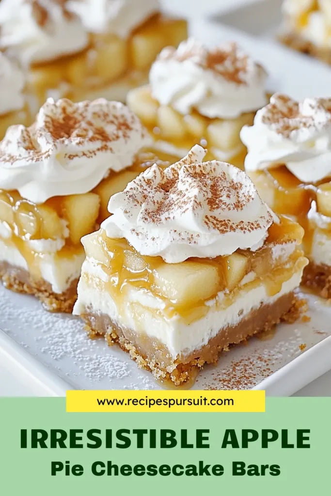 Indulge in these delicious Apple Pie Cheesecake Bars, the perfect blend of creamy and fruity! These Cream Cheese Dessert Bars are an easy apple dessert recipe that will impress your family and friends. With warm cinnamon and nutmeg flavors, these Cinnamon Cheesecake Bars are a must-try. Plus, they can be made as no-bake apple pie bars too! Get the full recipe now and add some sweet joy to your dessert table! #ApplePieCheesecakeBars #EasyAppleDessert #CinnamonCheesecakeBars #NoBakeApplePieBars